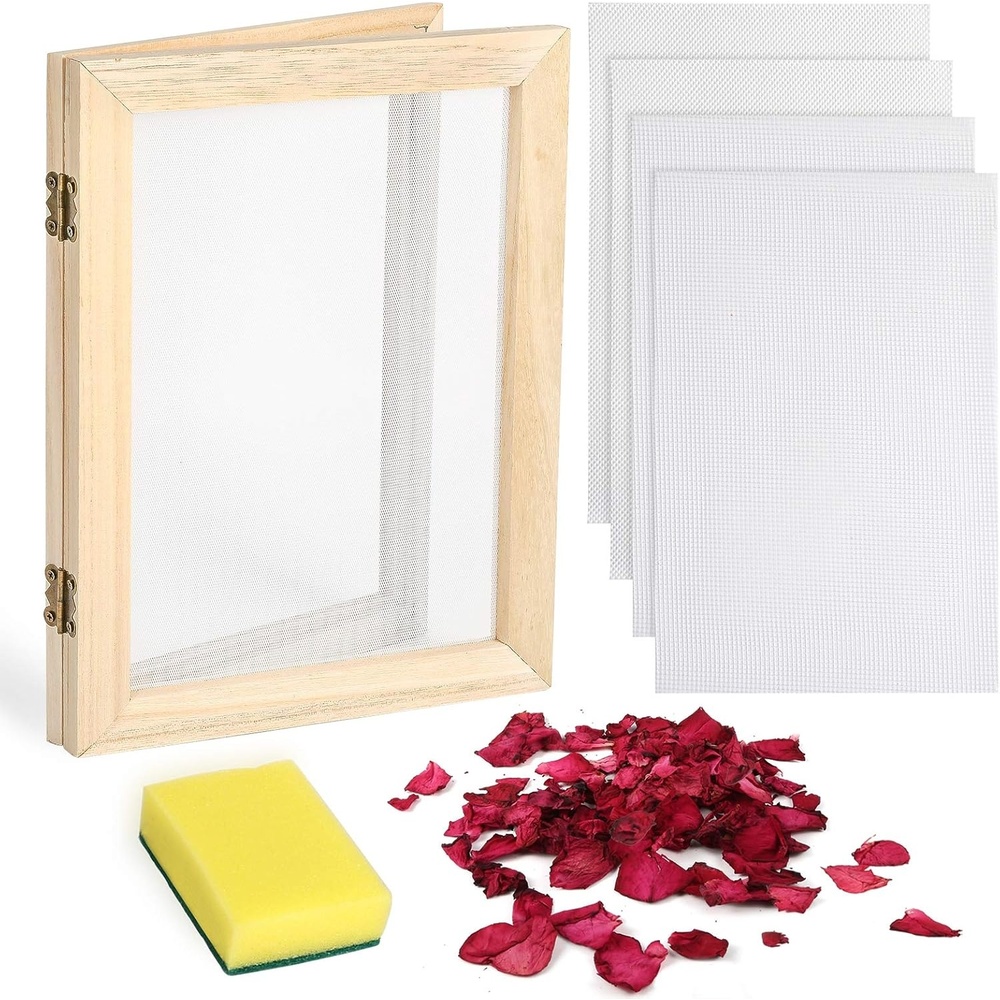 Caydo Paper Making Kit, Include A5 Size 7.5 x 9.8 Inch Wooden Paper Making Mould Frame Paper Making Screen, Nature Dried Flowers and Sponge for DIY Paper Craft
