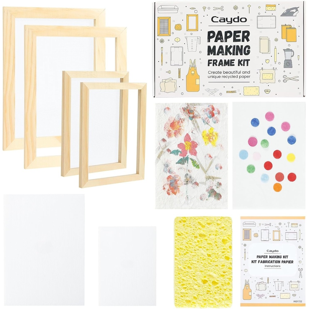 Caydo 3 Pieces Paper Making Frame Kit, Papermaking Mould and Deckle with Mesh, Absorbent Paper and Sponge for Adults Supplies(5 x 7 Inches, 7.5 x 9.8 Inches, 9.8 x 13 Inches)(A5 A6 & paints kit)