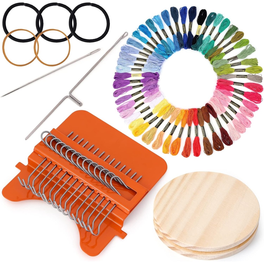 Caydo 14 Hooks Speedweve Darning Mini Loom Machine with 50 Color Darning Threads for Beginners Quickly Mending Jeans Socks, Mini Weave Tool for DIY Artful Patterns, Repair Clothes