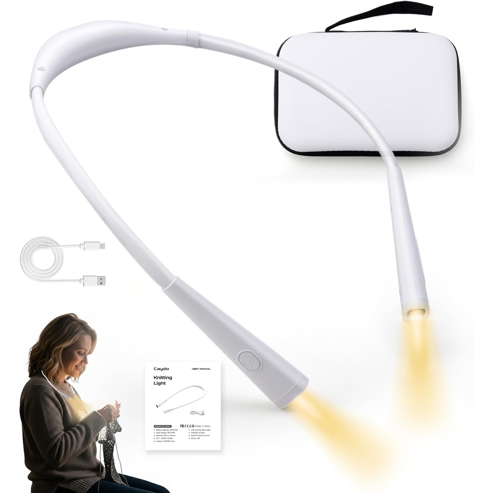 Caydo Knitting Light with Case, Neck Craft Light for Knitters & Crocheters | 4 Colors & 5 Brightness, Wearable Neck Light, Rechargeable Crochet Light for Crafts, Embroidery, Needlework and Reading(White)