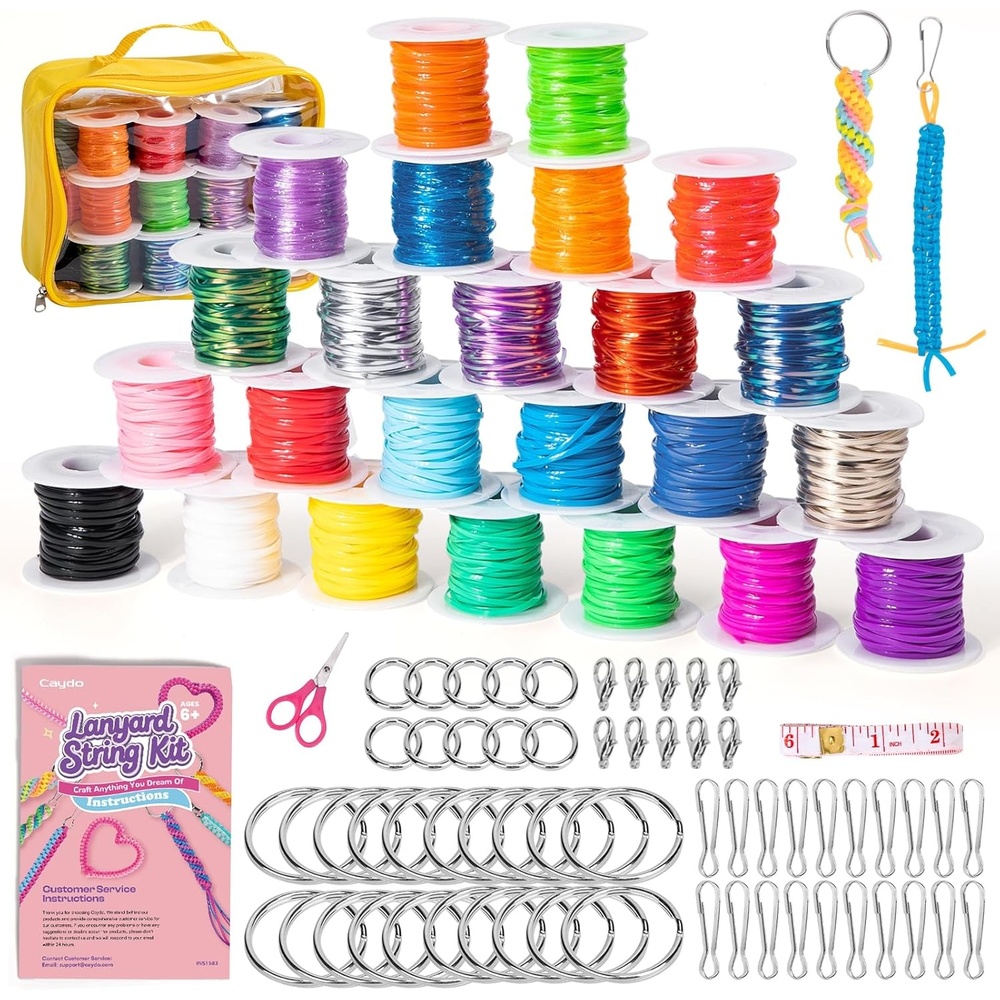Caydo Lanyard String Kit with Storage Bag, 24 Roll 4 Style Gimp String, Lanyard Making Kit with 62Pcs Keychain Lanyards Accessories, Plastic String for Friendship Bracelet, Keychain Making, DIY Craft(24 Rolls with Storage Bag)