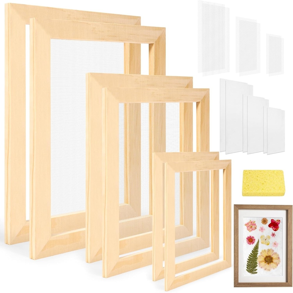 Caydo 3 Pieces Paper Making Frame Kit, Papermaking Mould and Deckle with Mesh, Absorbent Paper and Sponge for Adults Supplies(5 x 7 Inches, 7.5 x 9.8 Inches, 9.8 x 13 Inches)(A5 A6 A7)