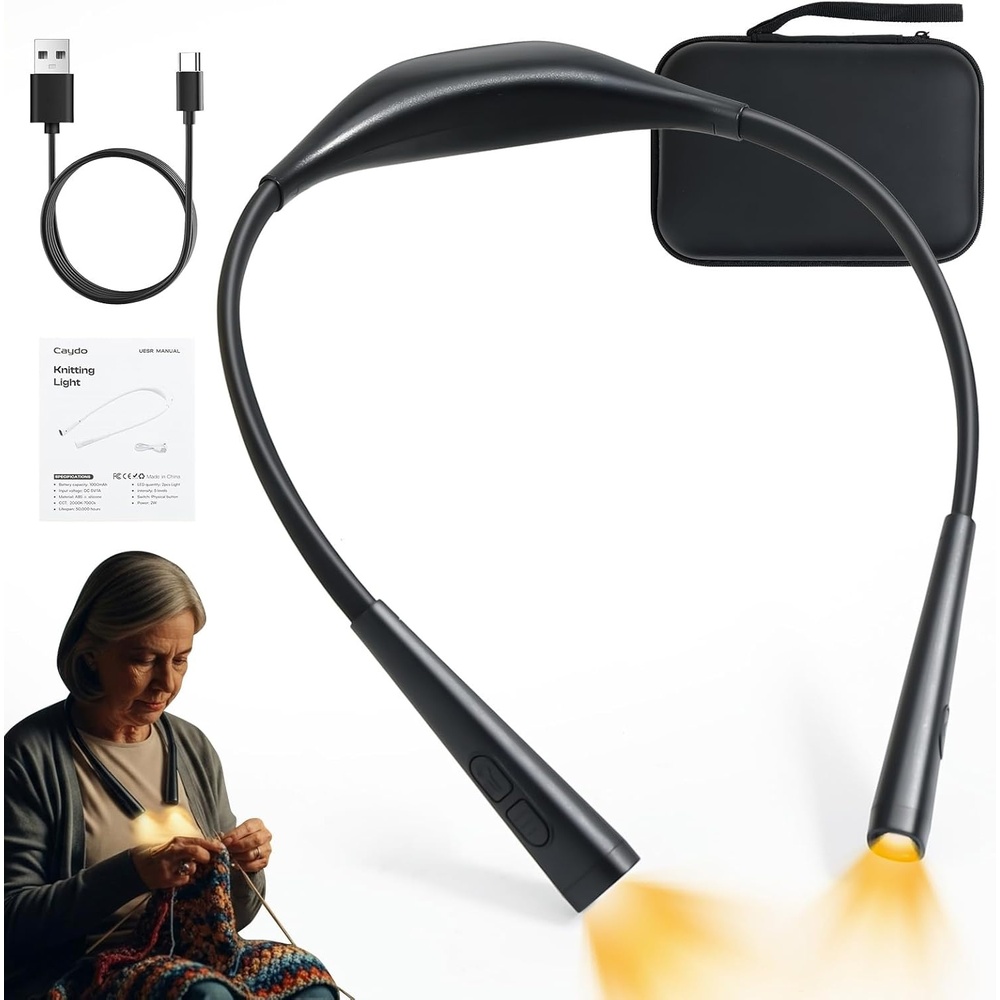 Caydo Knitting Light with Case, Neck Craft Light for Knitters & Crocheters | 4 Colors & 5 Brightness, Wearable Neck Light, Rechargeable Crochet Light for Crafts, Embroidery, Needlework and Reading(Black)