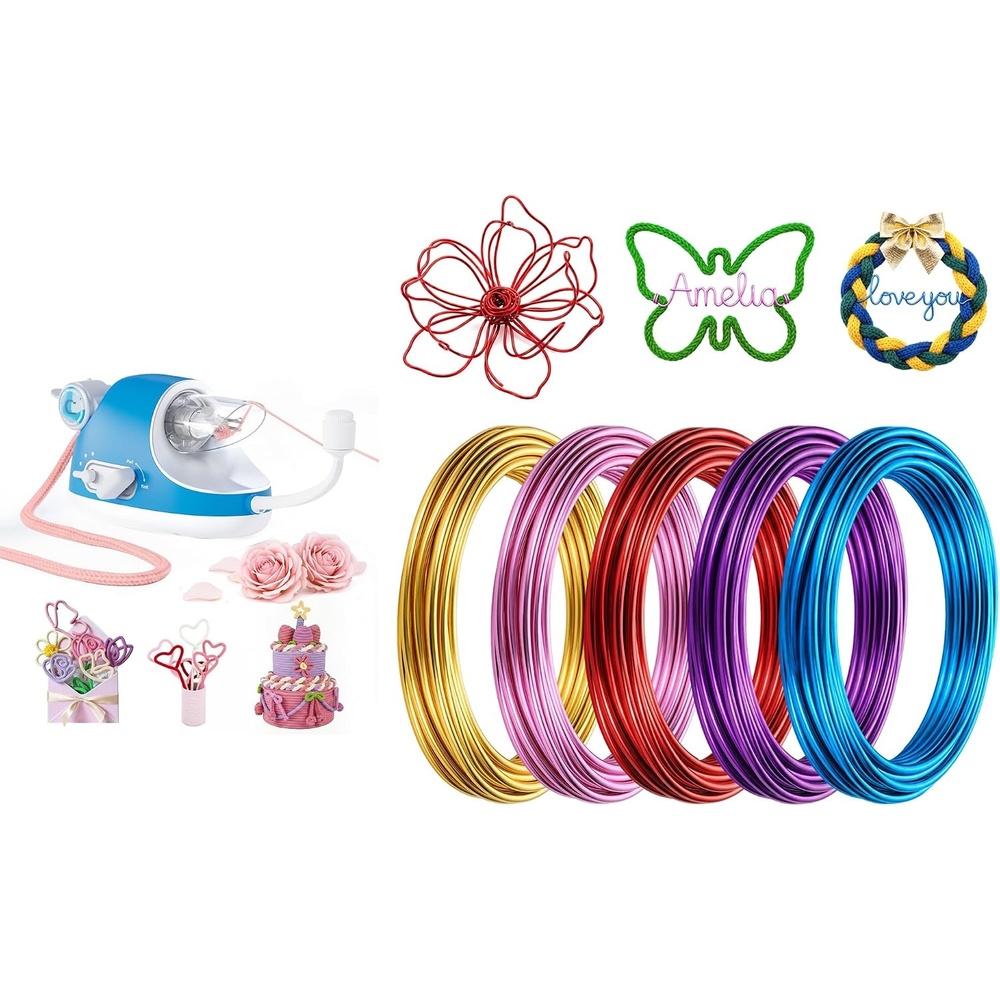Caydo Automatic i Cord Knitting Machine Pro & 5pcs 3mm Aluminum Craft Wire, Electric i-Cord Knitter with Bendable Strong Flexible Aluminum Armature Wire for Sculpting/Crafts/DIY Projects