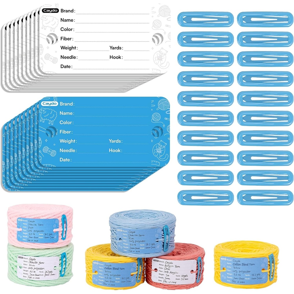 Caydo Yarn Information Tags with Clips, 20 Sets Yarn Cake Labels & Clips for Yarn Storage Organizer, Crochet Knitting Accessories for Yarn Winder, Ideal for Crocheting & Knitting Projects