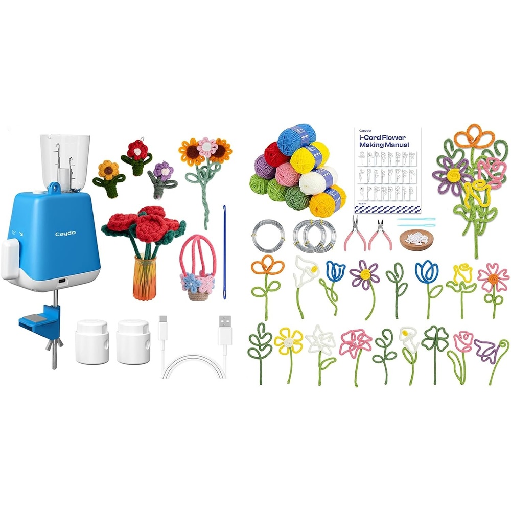 Caydo i Cord Knitting Machine & i Cord Flower Making Kit with 20 Flowers & 4 Leaves Templates, Electric iCord Maker Tool Automatic Knitting Yarns to i-Cords, Efficiently Knitting Machine for Crochet