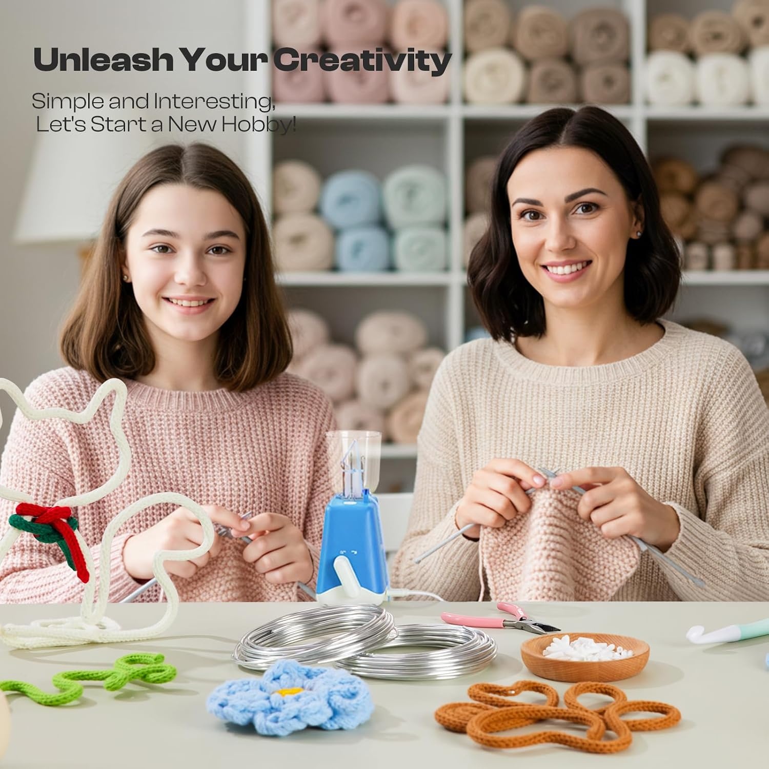 Caydo iCord Maker Kit for Beginners, 92pcs i-Cord Knitting Set for DIY Handicrafts Making, Quickly Knitting iCord with i Cord Knitting Machine Create Pretty Crafts, Ideal Present for Knitting Lovers(Blue-white)