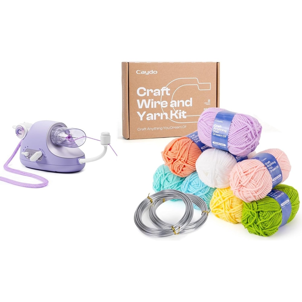 Caydo Automatic i Cord Knitting Machine Pro&Aluminum Craft Wire and Acrylic Yarn Skeins Kit, Electric iCord Knitter for Fast DIY Handmade Crafts