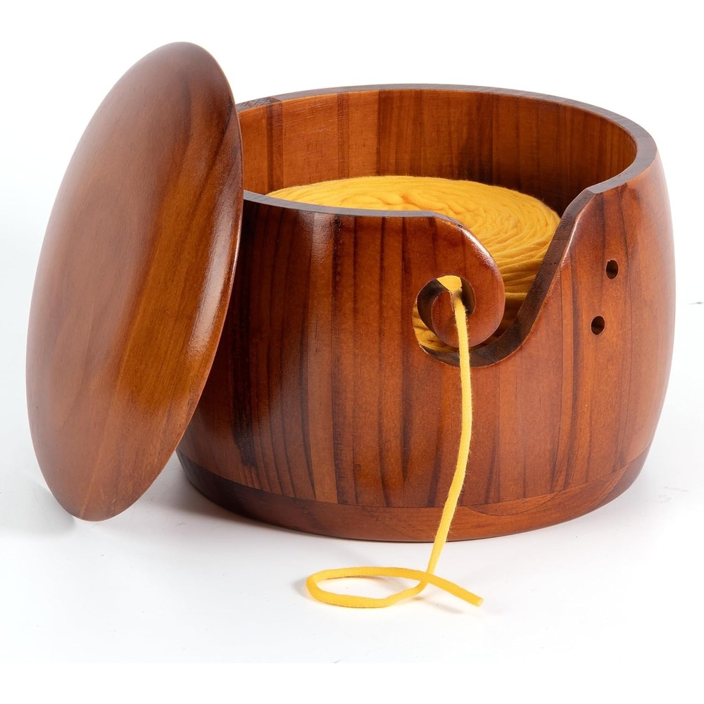 Caydo Yarn Bowl for Crocheting & Knitting, 7 x 5 in Wooden Yarn Bowl with Lid, Knitting Crochet Bowls Holder for Yarn, Crochet Accessories and Knitting Gadgets Supplies