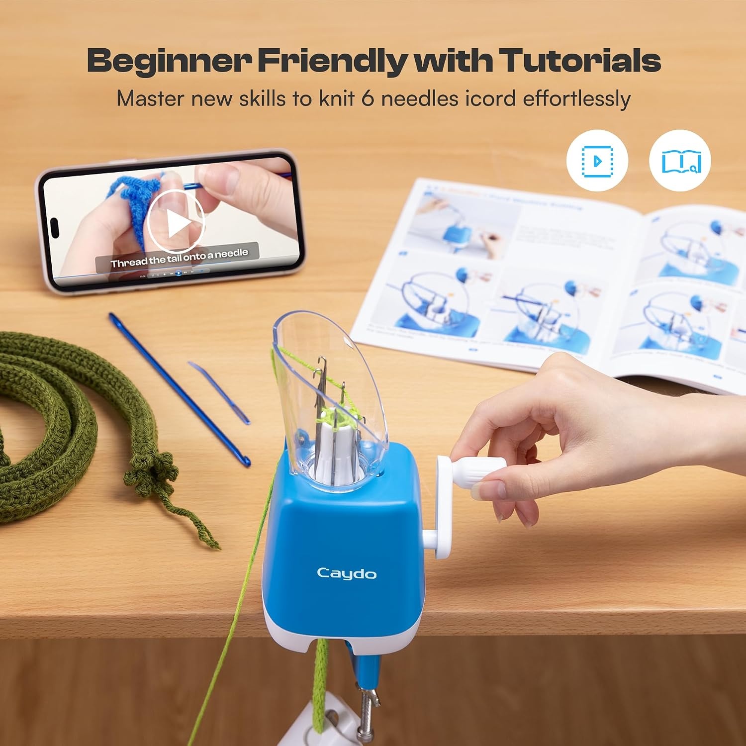 F1 Lite iCord Knitting Machine, High Efficiency Handheld Manual i-Cord Maker with Wider Yarn Compatibility, Portable DIY Bead i-Cord Knitting Craft Tool, Ideal Gift for Crochet Beginners & Enthusiasts(6 Needles)