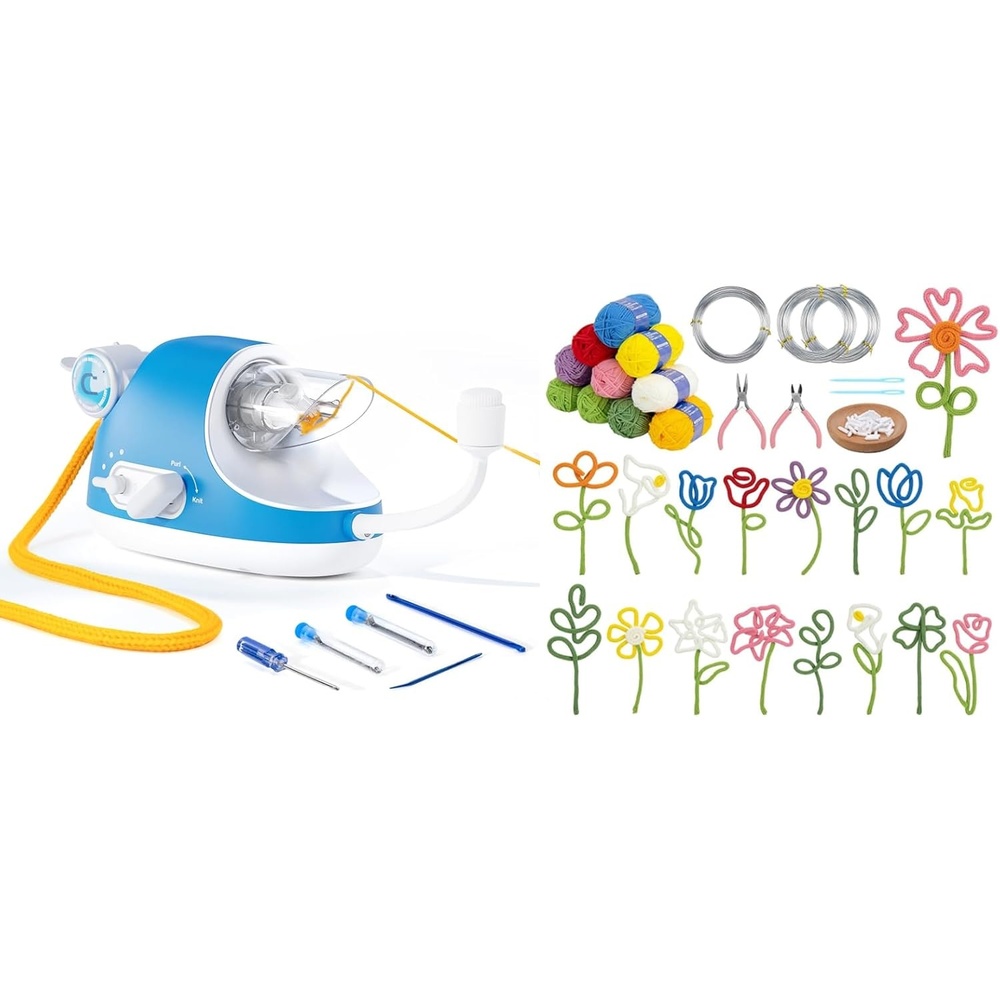 Caydo Automatic i Cord Knitting Machine Pro&iCord Flower Making Kit with 20 Flowers & 4 Leaves Templates, DIY Florals Handicraft Making Kit, Learn to Knitting iCord with i Cord Maker Tool