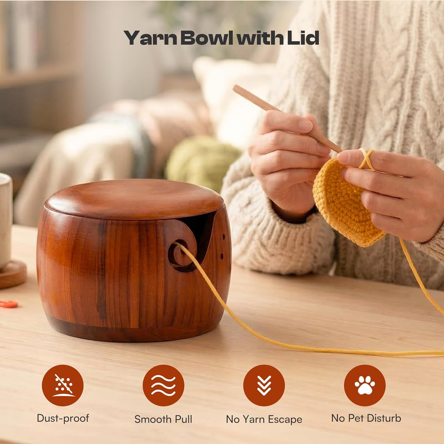 Caydo Yarn Bowl & i Cord Knitting Machine Pro, Wooden Yarn Bowl with Lid, Electric i-Cord Knitter for Yarn, Crochet Accessories and Knitting Gadgets Supplies