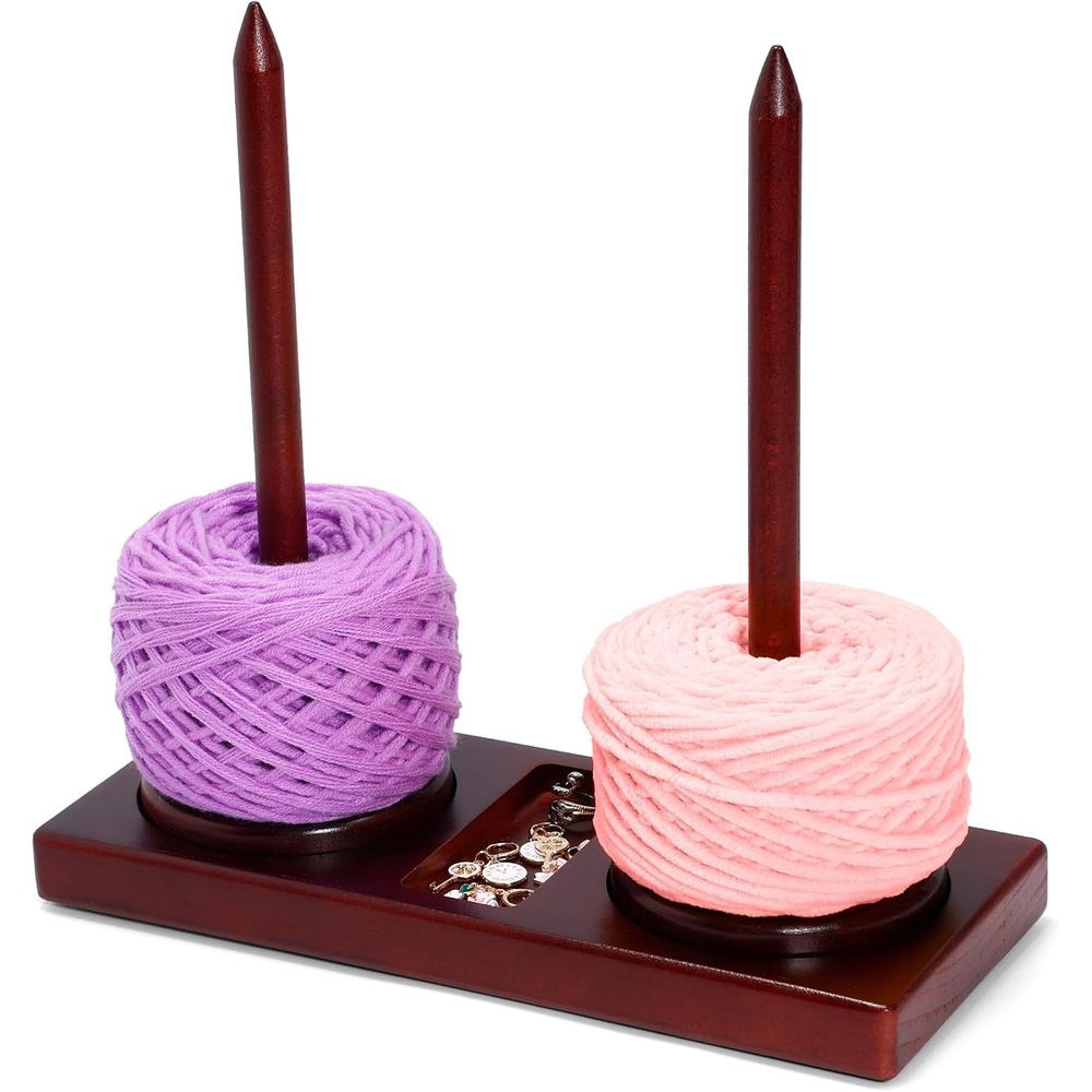 Caydo Yarn Holder for Crocheting and Knitting, Wooden Yarn Spinner Stand with 2 Spindles, Upgraded Rotating Crochet Holder with Anti-Slip Pads, Crochet Accessories Birthday Gift for Knitting Lovers(Brown – 2 Spindles)