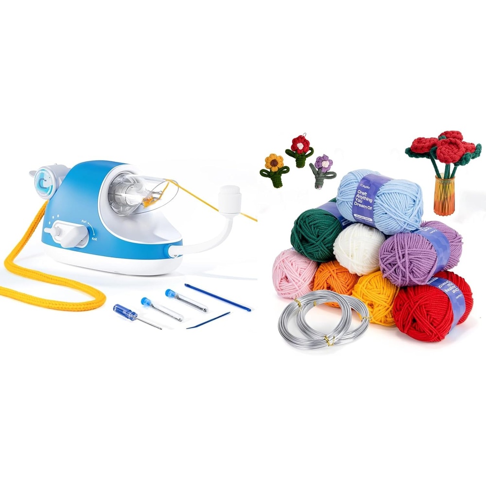 Caydo Automatic i Cord Knitting Machine Pro&Aluminum Craft Wire and Acrylic Yarn Skeins Kit, i-Cord Knitting Kits for Beginner for DIY Handicraft Making