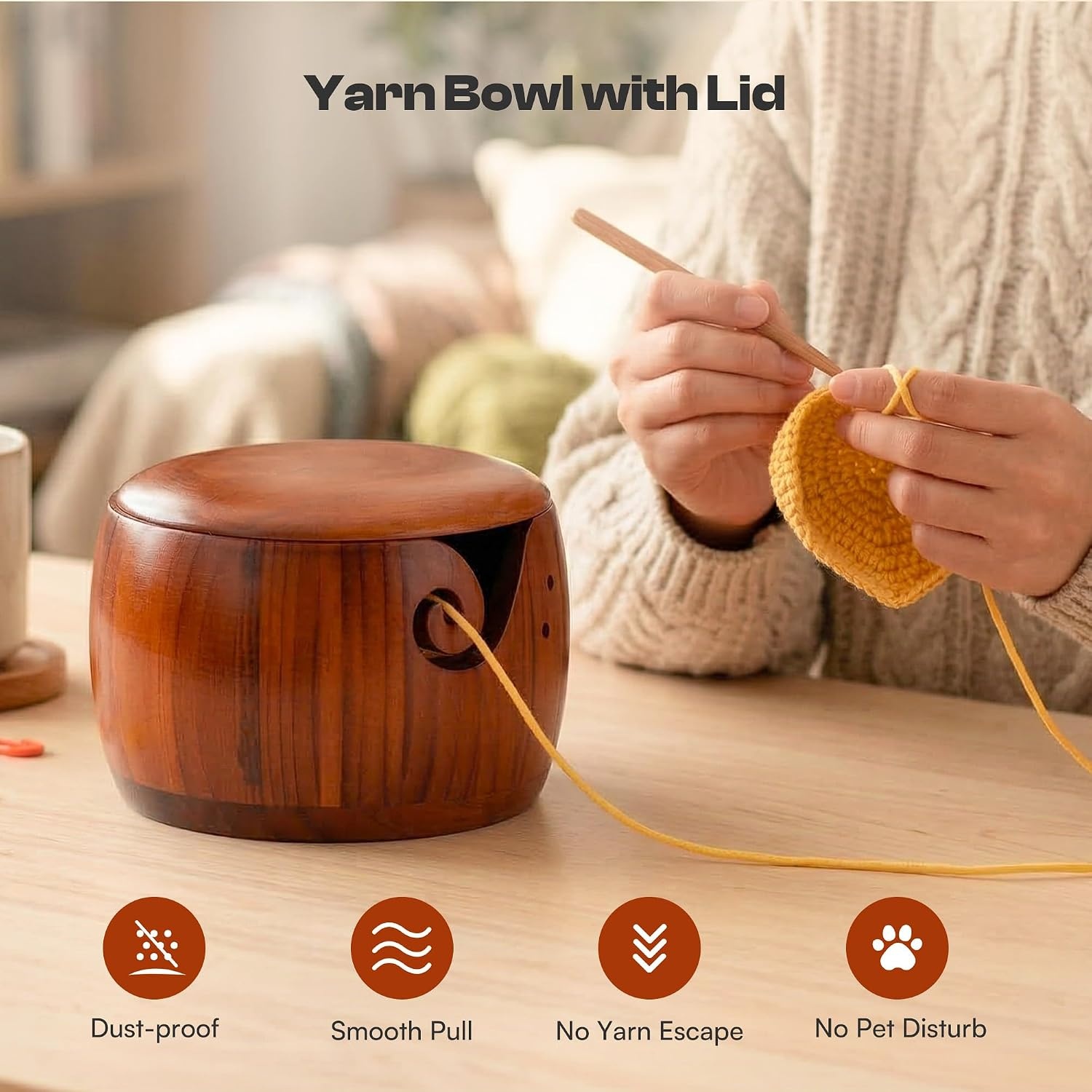 Caydo Yarn Bowl i Cord Knitting Machine, Wooden Yarn Bowl with Lid, Electric iCord Maker Tool with Adequate Tension for Yarn, Crochet Accessories and Knitting Gadgets Supplies