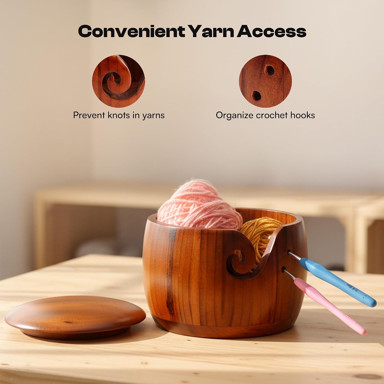 Caydo Yarn Bowl i Cord Knitting Machine, Wooden Yarn Bowl with Lid, Electric iCord Maker Tool with Adequate Tension for Yarn, Crochet Accessories and Knitting Gadgets Supplies