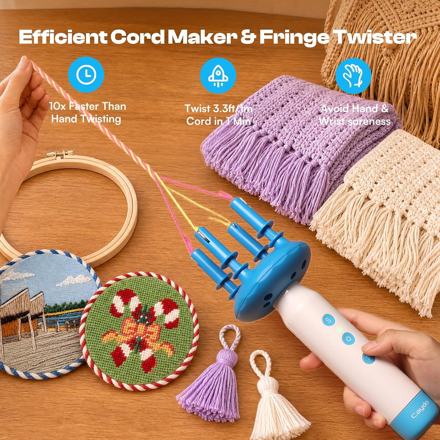 Caydo Cord Maker & Fringe Twister Machine T1, Rechargeable &2-Speed Control | Electric Cording Maker Tool, Portable Yarn Twister for Needlepoint, Macrame, Scarves, Blankets, Tassels, Knitting Kit
