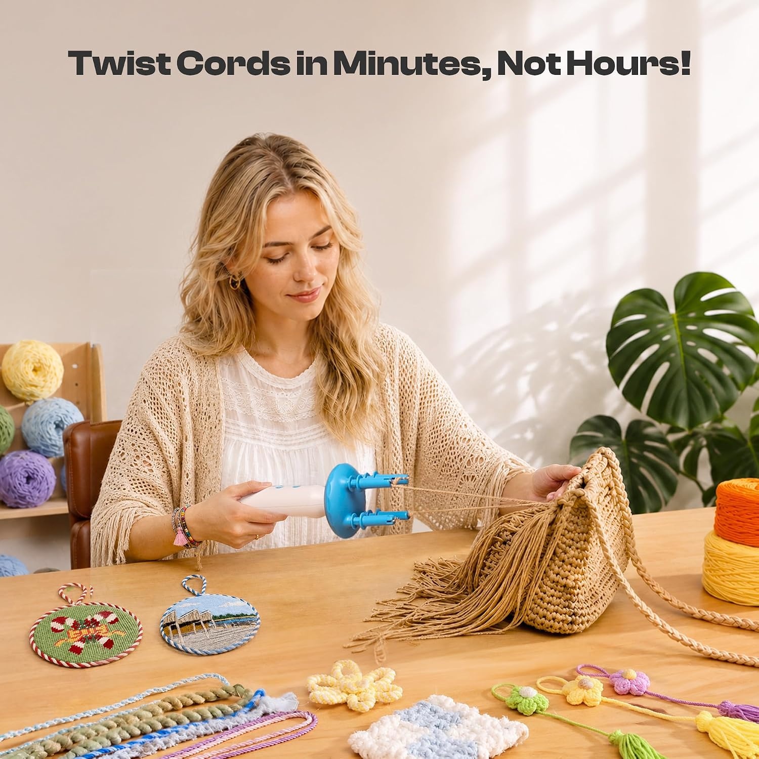 Caydo Cord Maker & Fringe Twister Machine T1, Rechargeable &2-Speed Control | Electric Cording Maker Tool, Portable Yarn Twister for Needlepoint, Macrame, Scarves, Blankets, Tassels, Knitting Kit