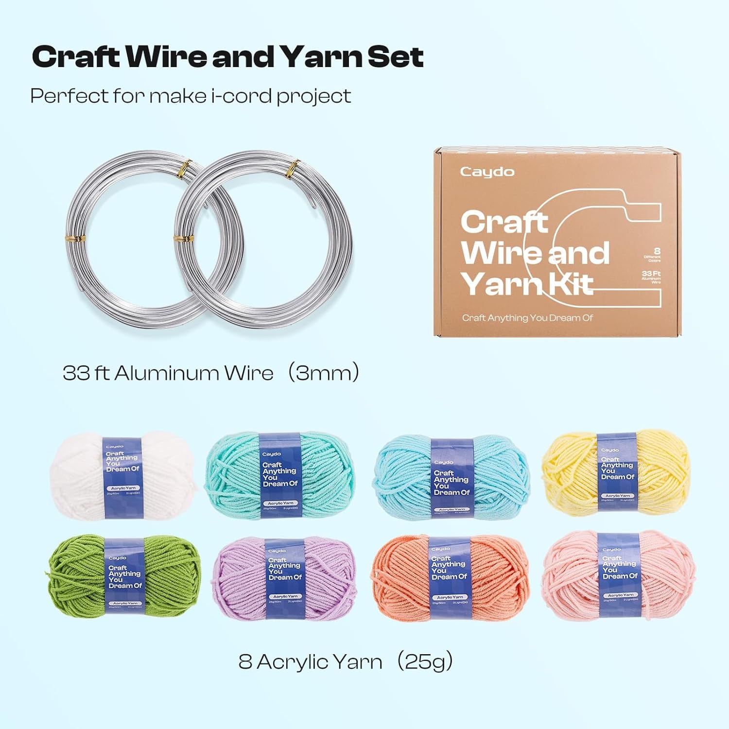 Caydo Aluminum Craft Wire and Acrylic Yarn Skeins & i Cord Knitting Machine – DIY Handicraft Making for Crocheters