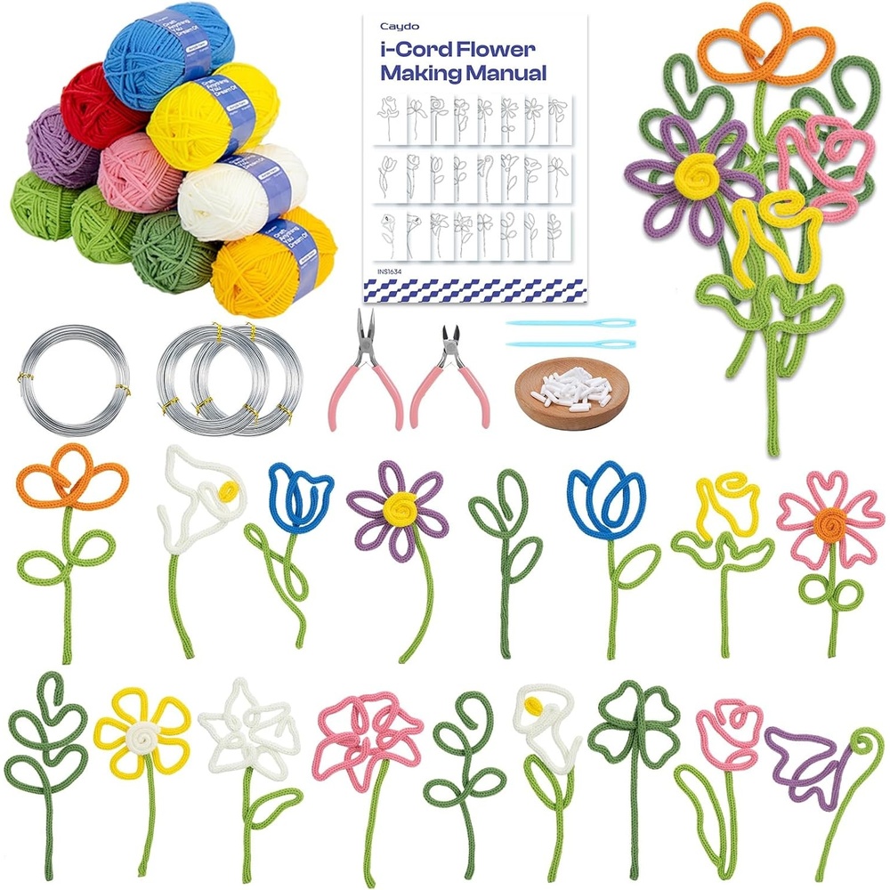 Caydo Aluminum Craft Wire & Acrylic Yarn Skeins Kit | i-Cord Knitting Kit for Beginner, 8x25g Yarn, 2 Roll 5M x 3mm Wire, DIY iCord Handicraft Making(Flower Pattern Kit)