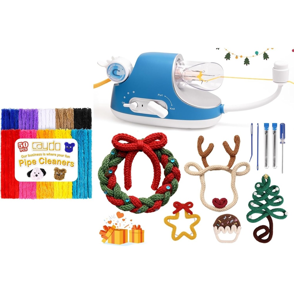 Caydo 50PCS Extra Thick Pipe Cleaners & Automatic i Cord Knitting Machine Pro, Electric i-Cord Knitter Hands-Free Highly Efficient Yarn Knit Helper, Crochet iCord Maker Tool for Christmas Decor Gifts