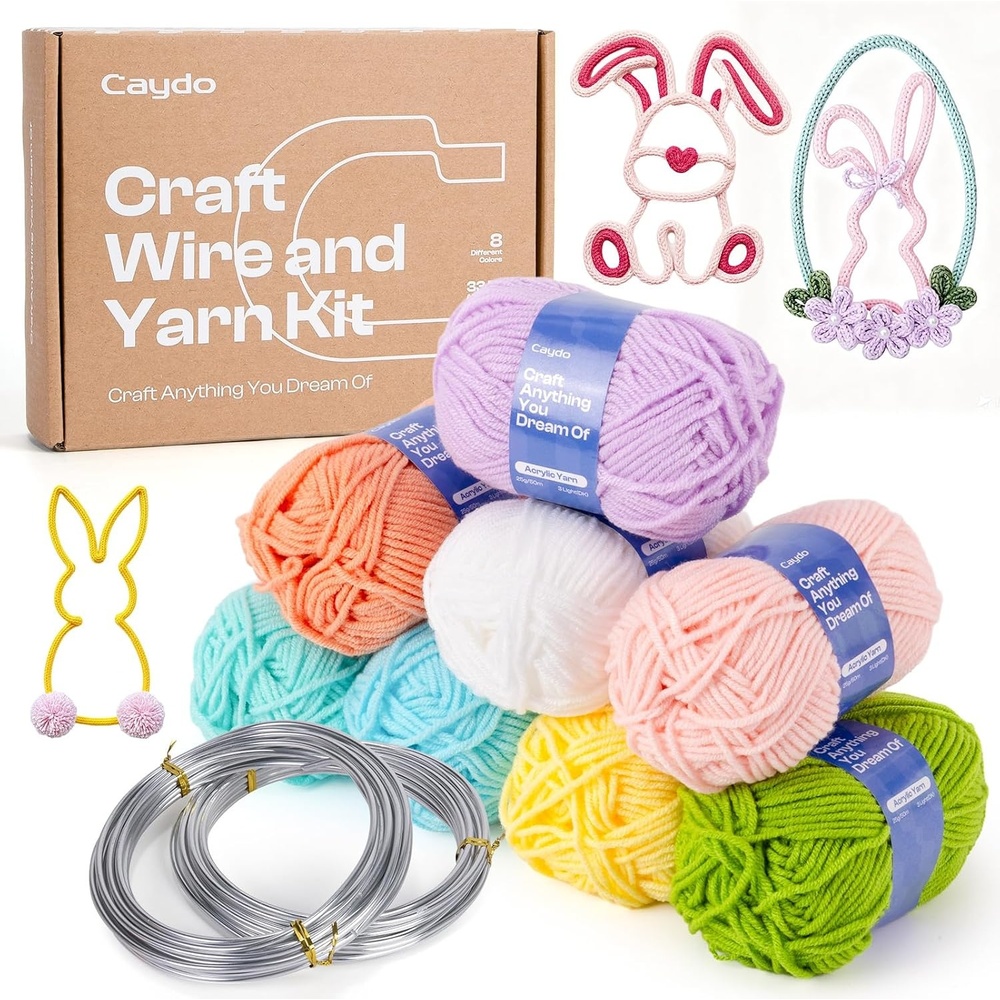 Caydo Aluminum Craft Wire & Acrylic Yarn Skeins Kit | i-Cord Knitting Kit for Beginner, 8x25g Yarn, 2 Roll 5M x 3mm Wire, DIY iCord Handicraft Making(Macaron Yarn Kit)