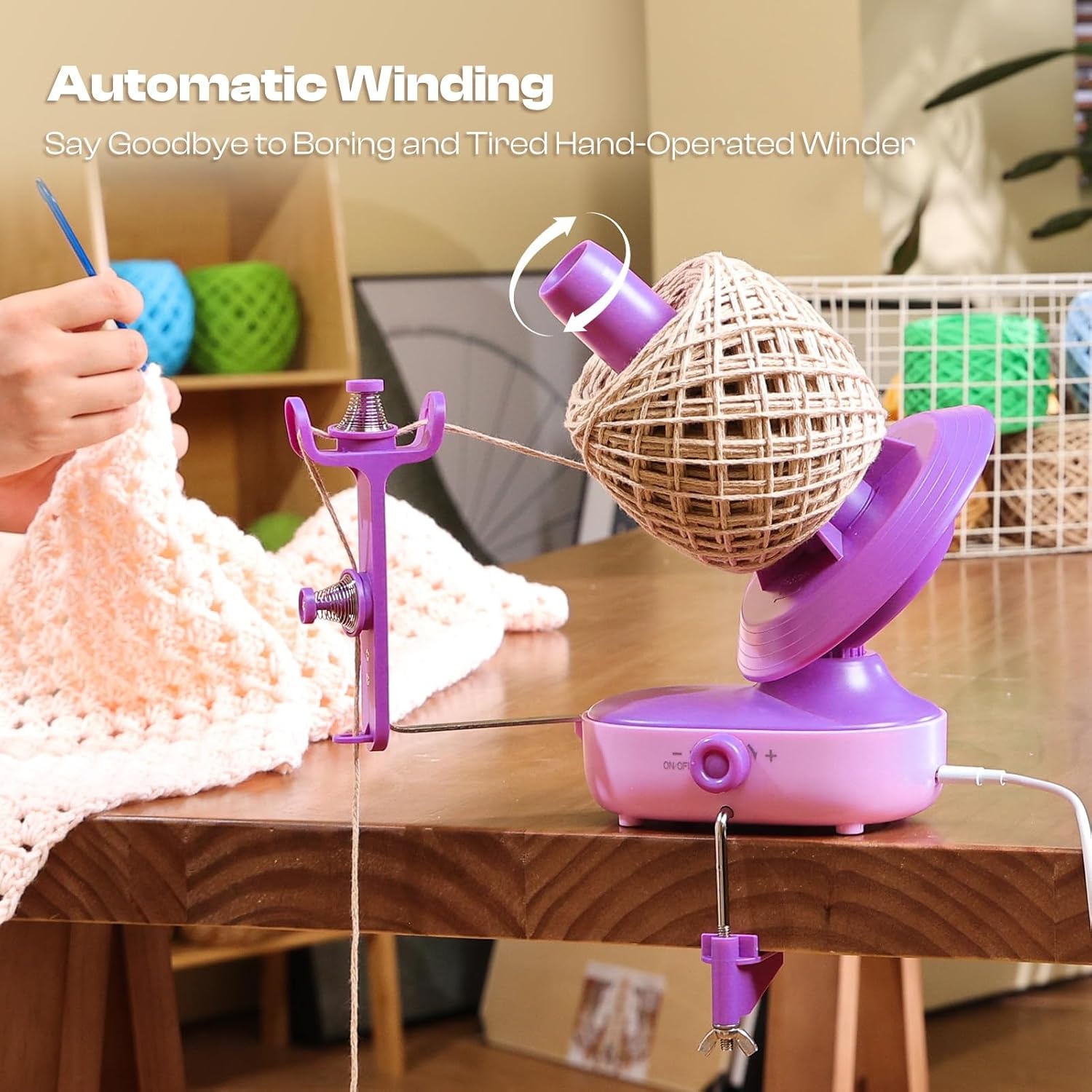 Caydo A1 Max Electric Yarn Winder, 10oz Large Automatic Ball Winder for Crocheting, Dual-Spring Strong Tension Stepless Speed Yarn Cake Spinner, Ideal Mother’s Day Present for Crochet Lovers(Blue)(Purple Electric)