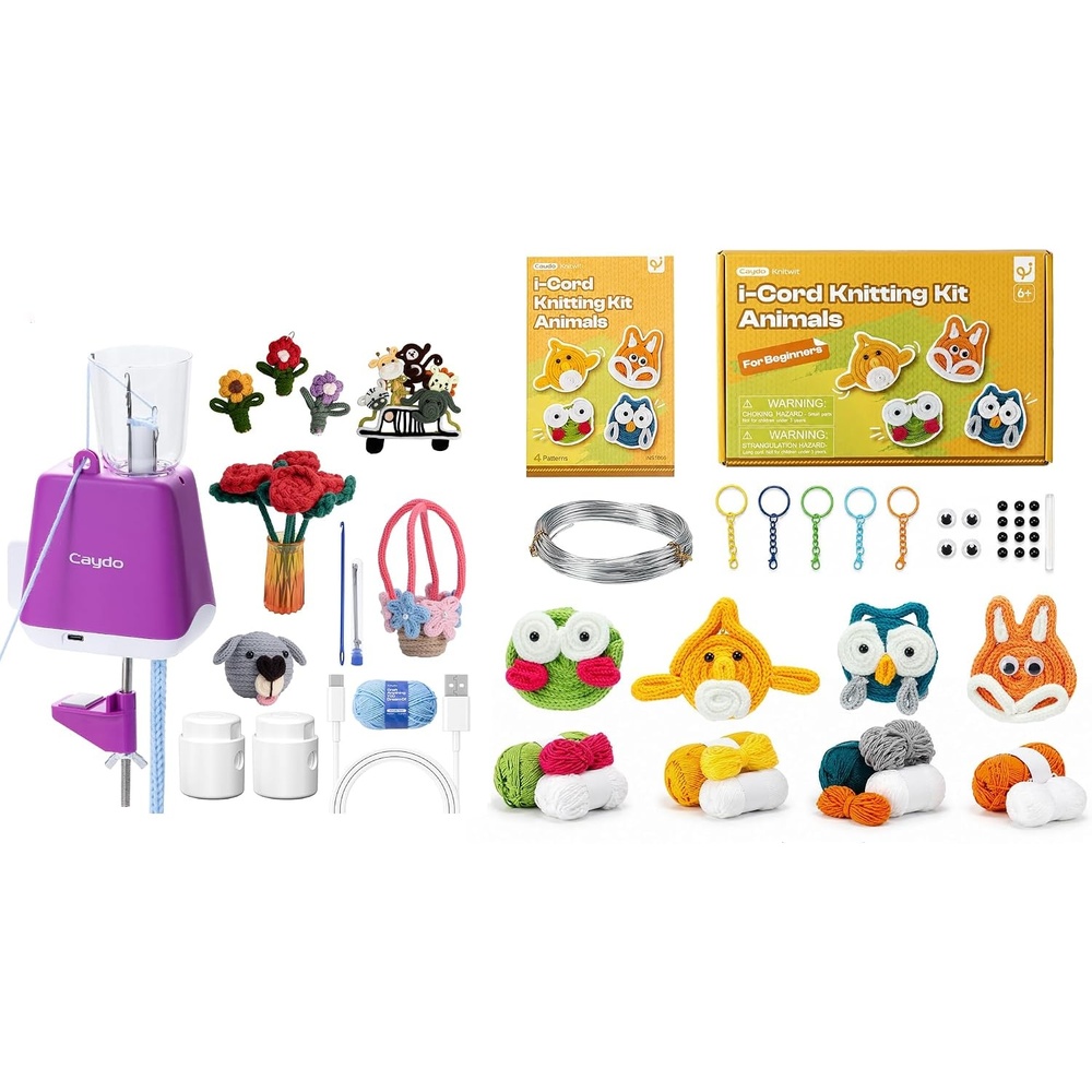 Caydo i Cord Knitting Machine & 4 Pcs iCord Animals Knitting Kit, High Efficiency Electric iCord Maker Tool, Complete Yarn & Aluminum Craft Wire Set Beginner Friendly Handmade Ornament Craft Kit