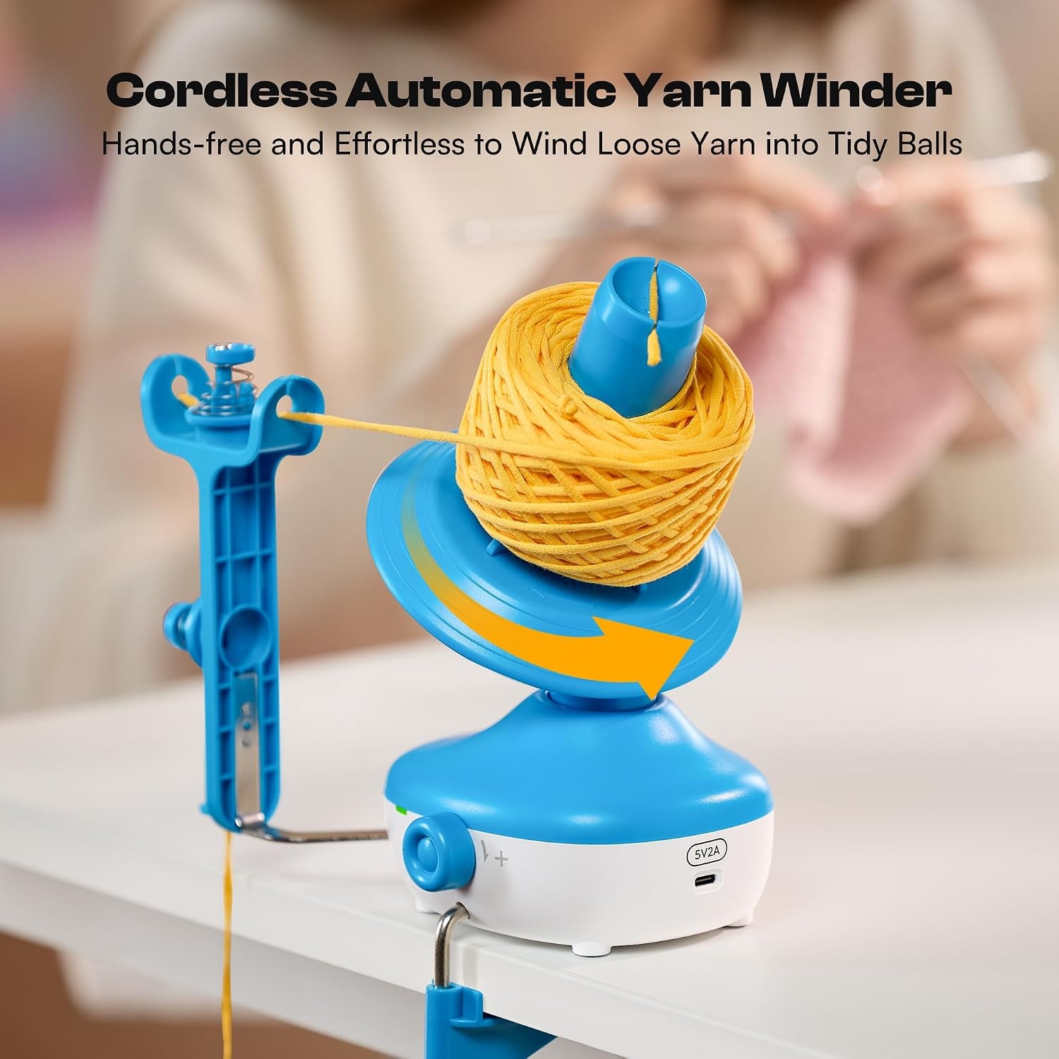 Caydo Electric Yarn Winder, Automatic Yarn Cake Winder with Dual Tension Spring Stepless Speed, Compact 7oz Portable Yarn Winder for Crocheting, Ideal Gift for Crochet & Knitting Lovers(Light Purple)(Blue Cordless)