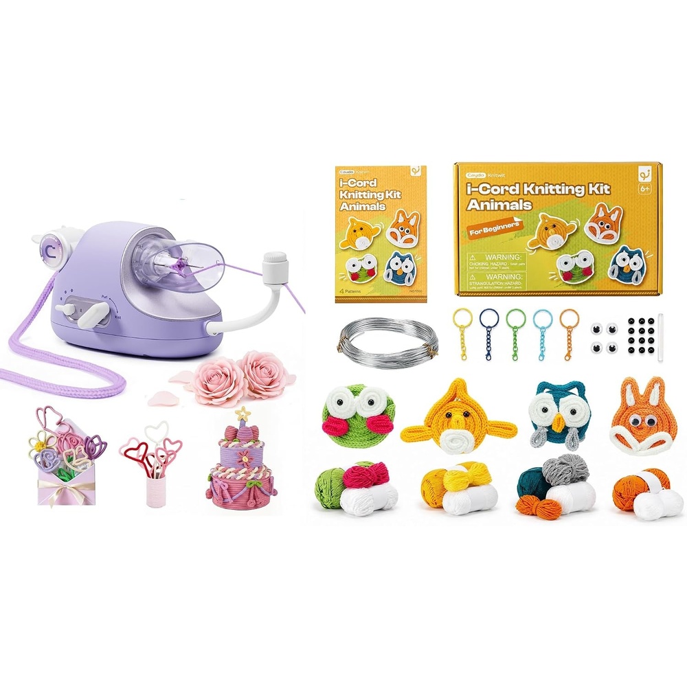 Caydo Automatic i Cord Knitting Machine Pro & 4 Pcs iCord Animals Knitting Kit, Electric i-Cord Knitter with Complete Yarn & Aluminum Craft Wire Set, Beginner Friendly Handmade Ornament Craft Kit