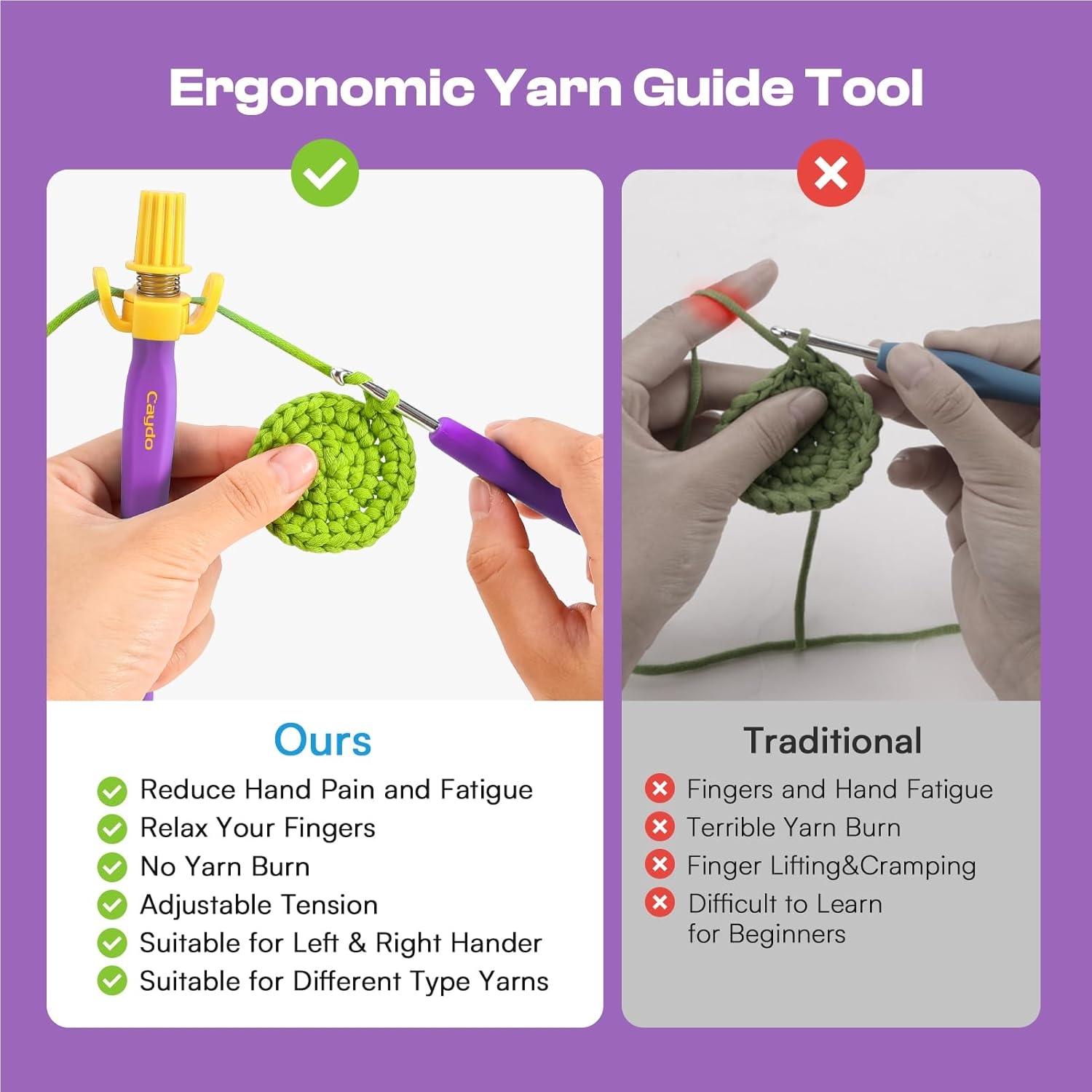 Crochet Tension Tool for Beginners, Ergonomic Yarn Guide Holder, Tension Control Crochet Helper, Comfort Handle for Left & Right Hander, Portable Crochet Accessories Gift for Crocheters & Knitters(Purple)
