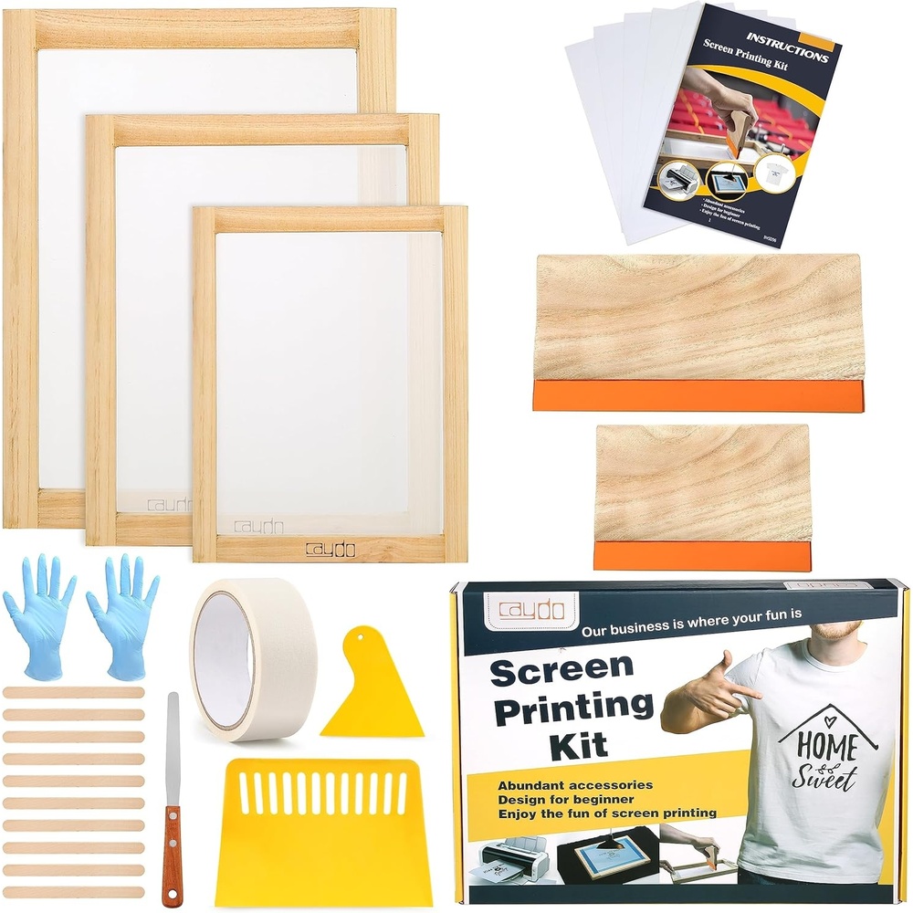Caydo 31 Pieces Screen Printing Starter kit Include 4 Different Size of Wood Silk Screen Printing Frame with 110 Mesh, Squeegees, Inkjet Transparency Film, Ink Knife, Gloves and Mask Tape(23pcs)