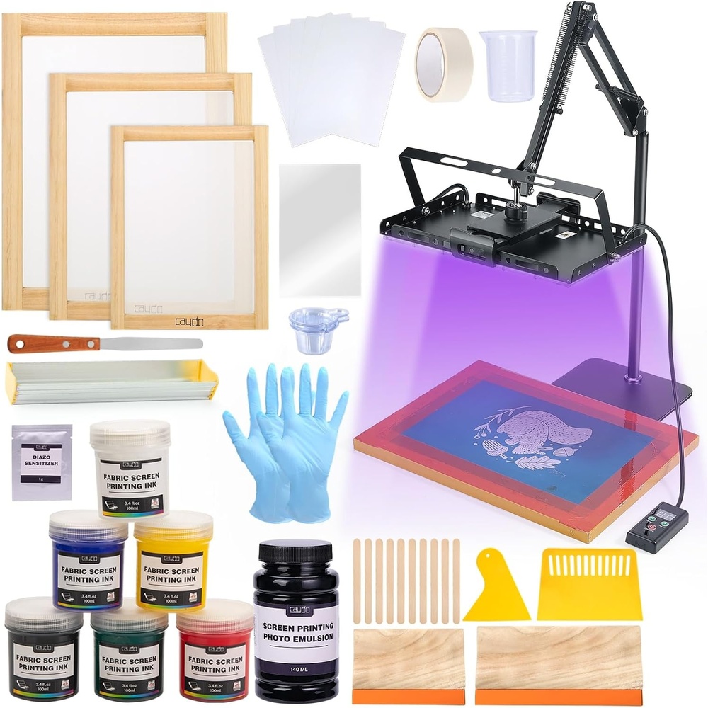 Caydo 54 PCS All-In-One Screen Printing Kit with 100W LED UV Exposure Light, 3 Sizes Wood Screen Printing Frames, 6 Colors Screen Printing Ink, Screen Printing Photo Emulsion, Screen Printing Squeegee