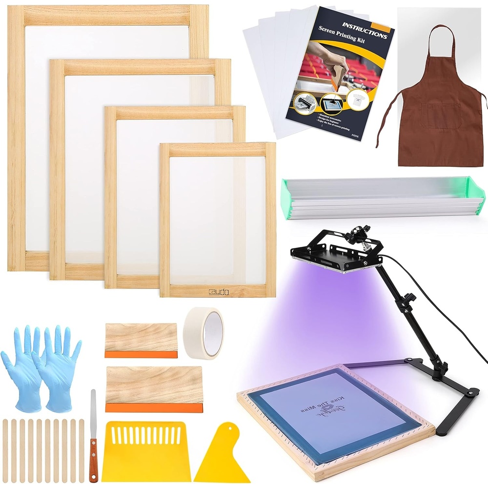 Caydo 36 Pieces Screen Printing Kit Includes 50W LED UV Exposure Screen Printing Light, 4 Sizes Silk Screen Printing Frame, Instructions, 5 Sheets A4 Inkjet Film for Screen Printing