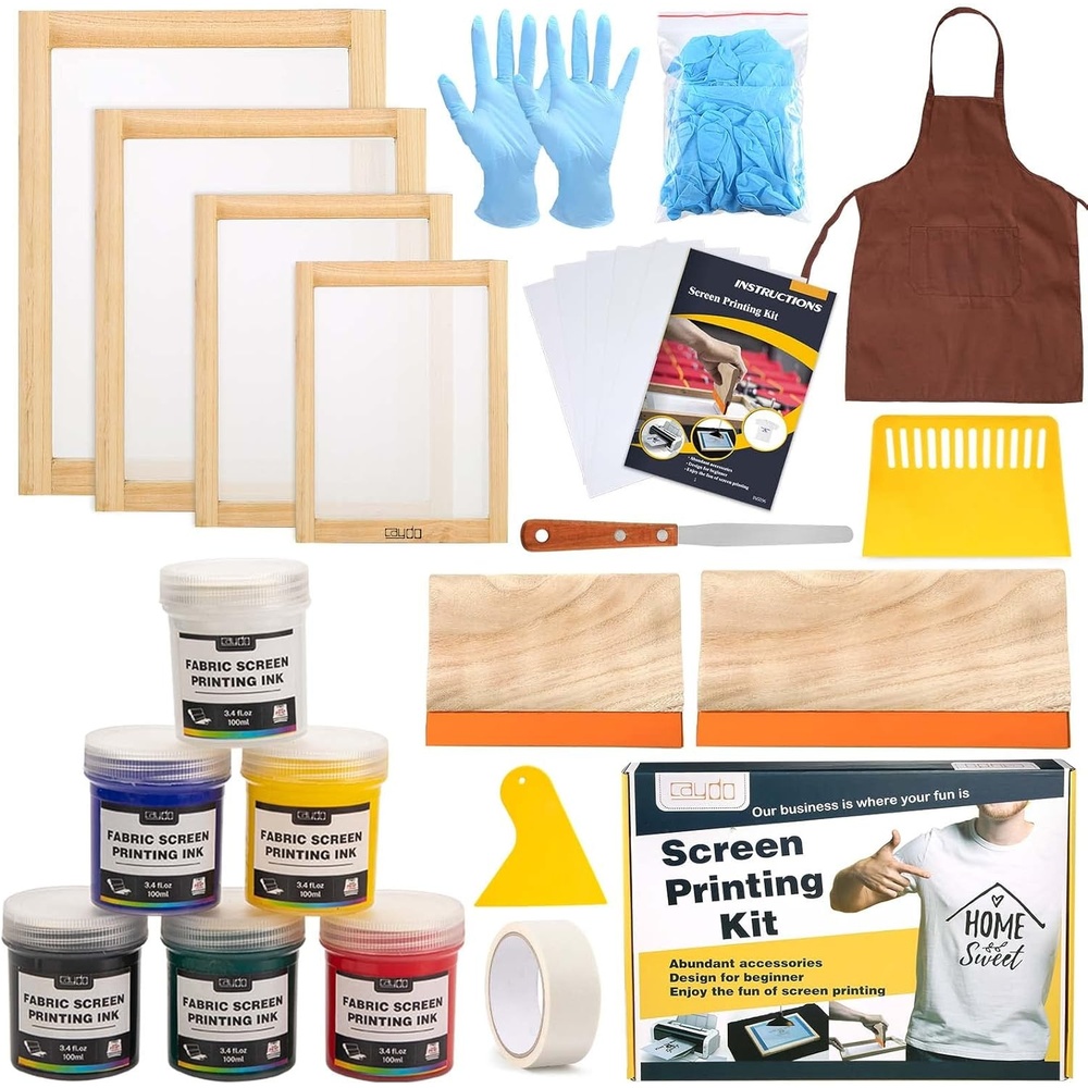 Caydo 31 Pieces Screen Printing Starter kit Include 4 Different Size of Wood Silk Screen Printing Frame with 110 Mesh, Squeegees, Inkjet Transparency Film, Ink Knife, Gloves and Mask Tape(38pcs)