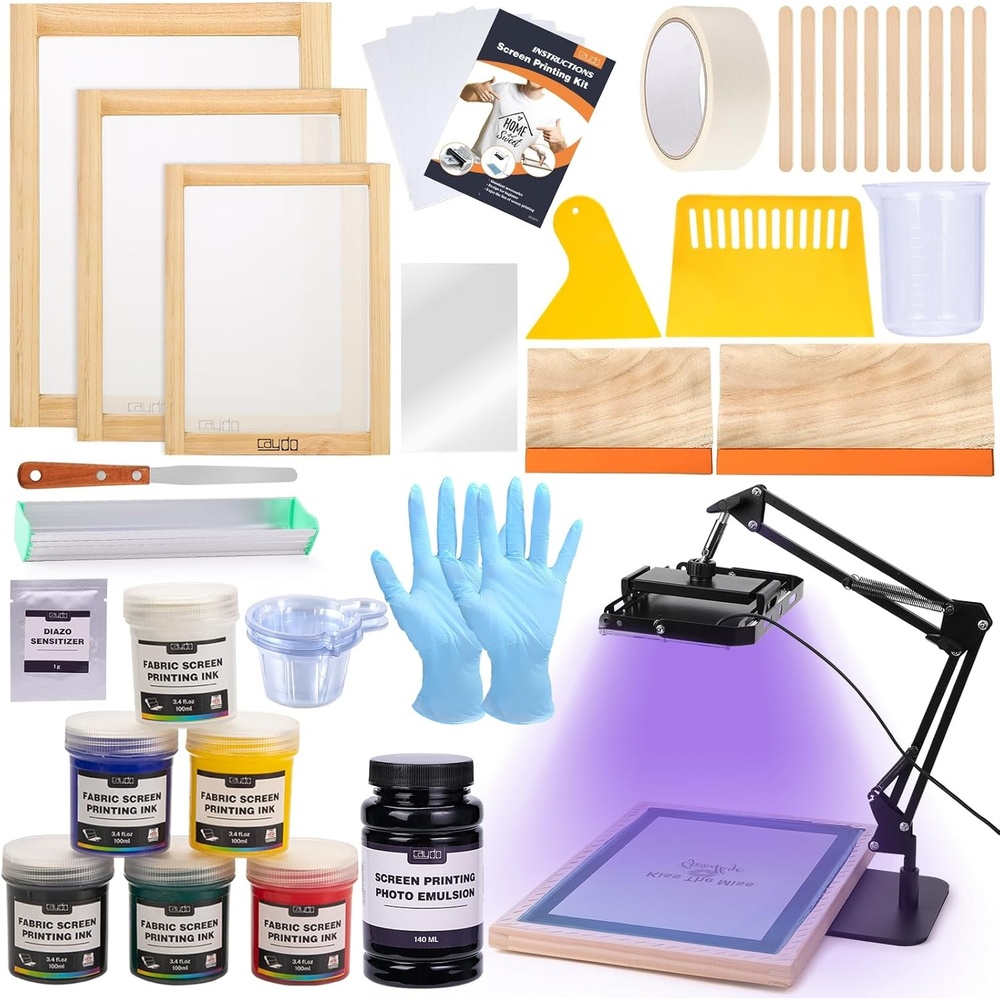 Caydo 54 Pieces Screen Printing Kit with 50W LED UV Exposure Screen Printing Light, 6 Color Screen Printing Ink, Screen Printing Photo Emulsion, Emulsion Scoop Coater, Instructions
