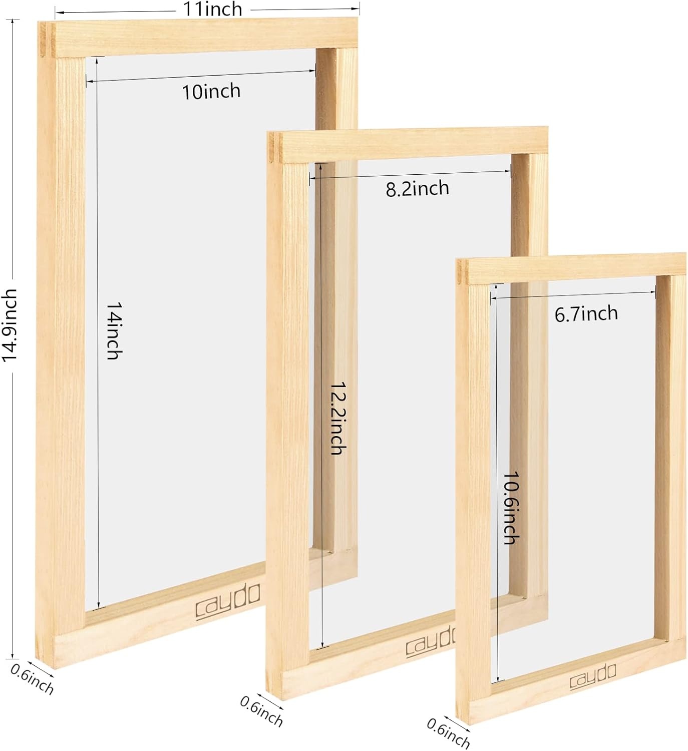 Caydo 3 Pieces 3 Size Wood Silk Screen Printing Frame with Mesh for Screen Printing, 10 x 14 Inch, 8.2 x 12.2 Inch, 6.7 x 10.6 Inch