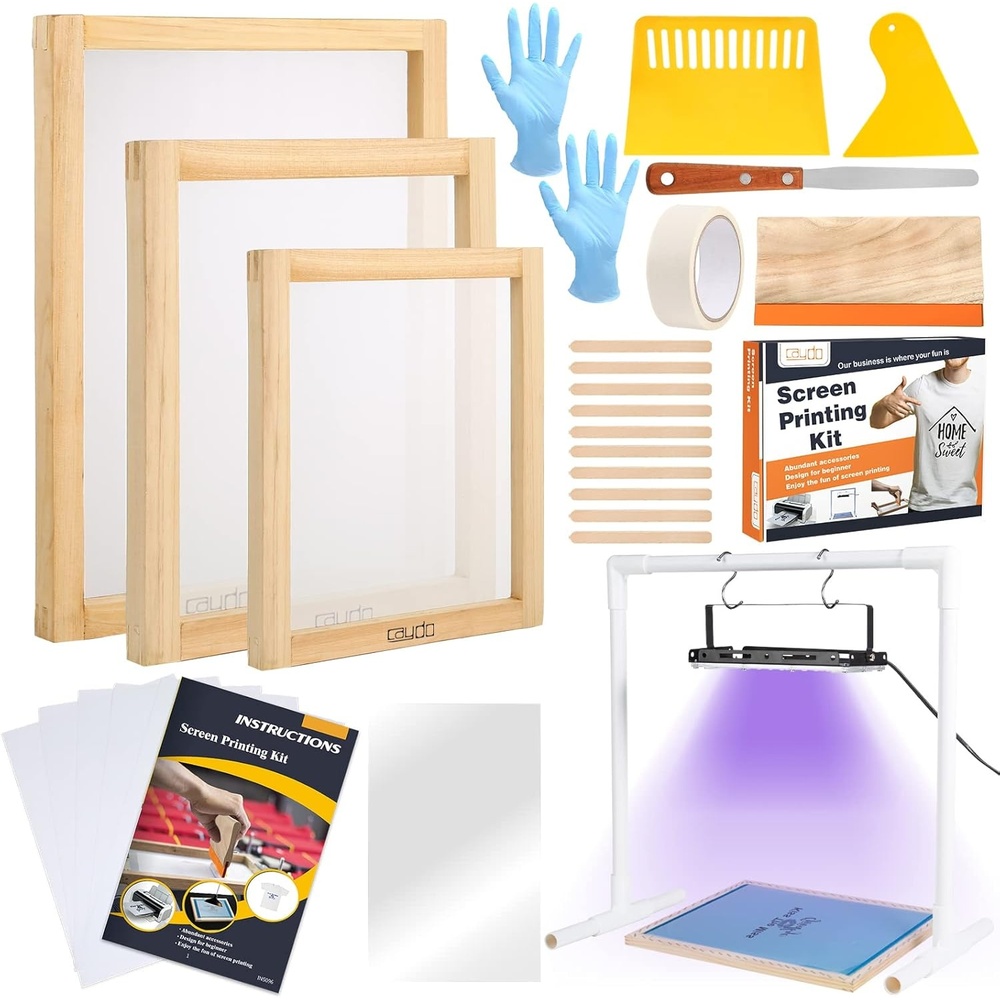 Caydo 32 Pieces Screen Printing Kit Includes UV LED Exposure Screen Printing Light, 3 Sizes Silk Screen Printing Frame, Acrylic Sheet, Inkjet Clear Film for Screen Printing