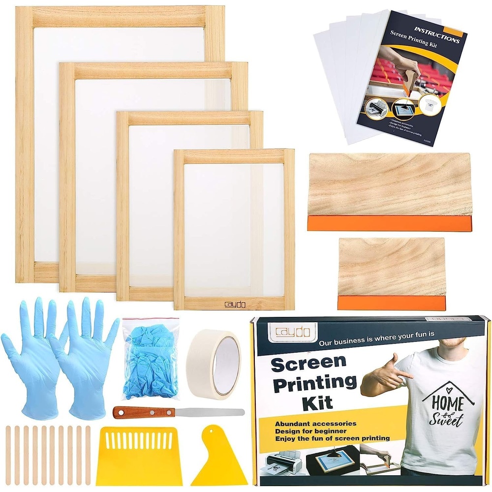 Caydo 31 Pieces Screen Printing Starter kit Include 4 Different Size of Wood Silk Screen Printing Frame with 110 Mesh, Squeegees, Inkjet Transparency Film, Ink Knife, Gloves and Mask Tape(31pcs)
