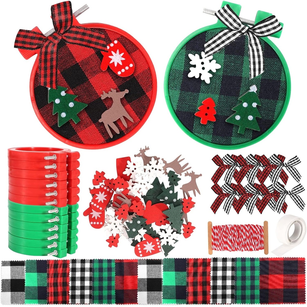 Caydo 88 Pieces Christmas Ornament Kit Includes 12 Pieces Christmas Embroidery Hoops, 12 Pieces Plaid Fabric, 10 m Cotton Rope for Christmas Ornament Decoration