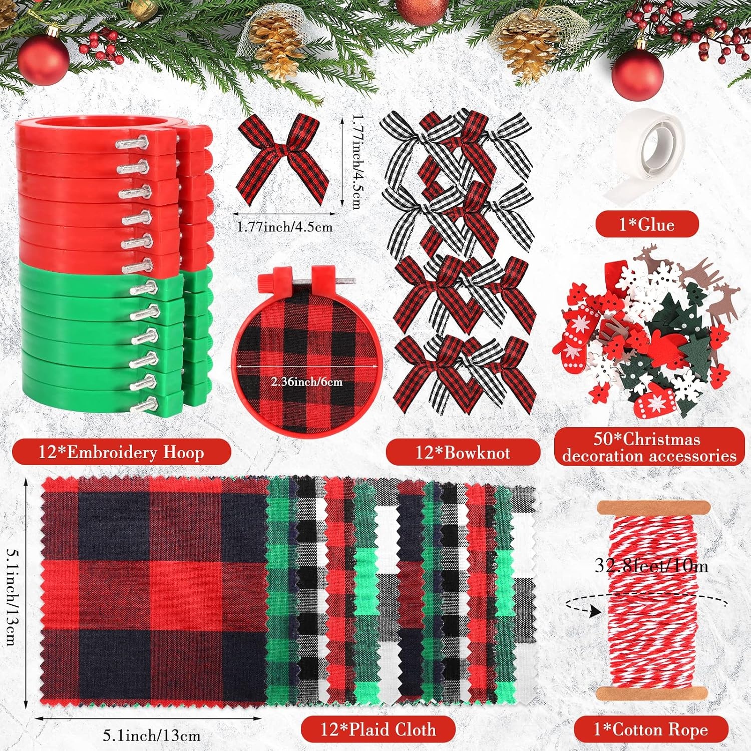 Caydo 88 Pieces Christmas Ornament Kit Includes 12 Pieces Christmas Embroidery Hoops, 12 Pieces Plaid Fabric, 10 m Cotton Rope for Christmas Ornament Decoration
