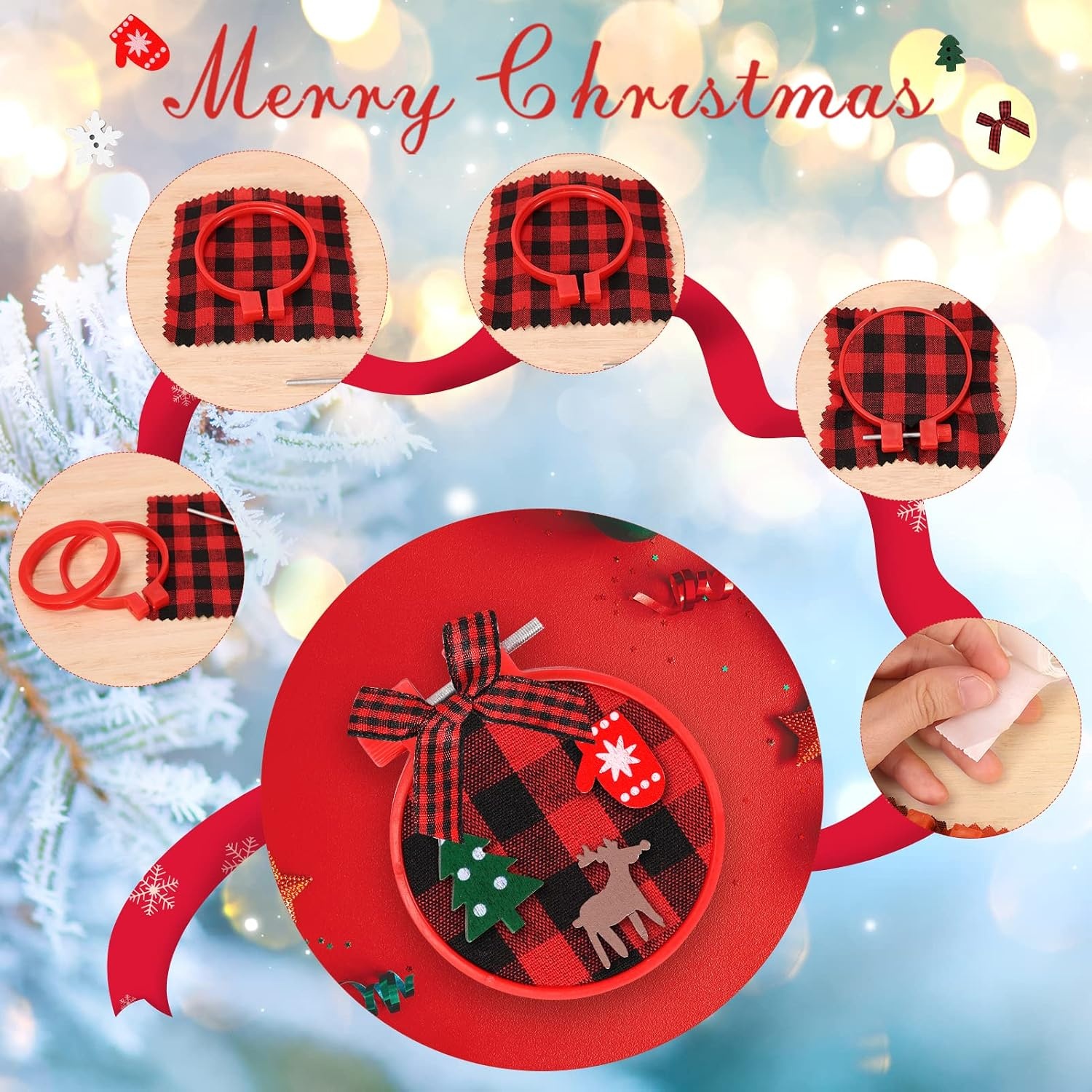 Caydo 88 Pieces Christmas Ornament Kit Includes 12 Pieces Christmas Embroidery Hoops, 12 Pieces Plaid Fabric, 10 m Cotton Rope for Christmas Ornament Decoration