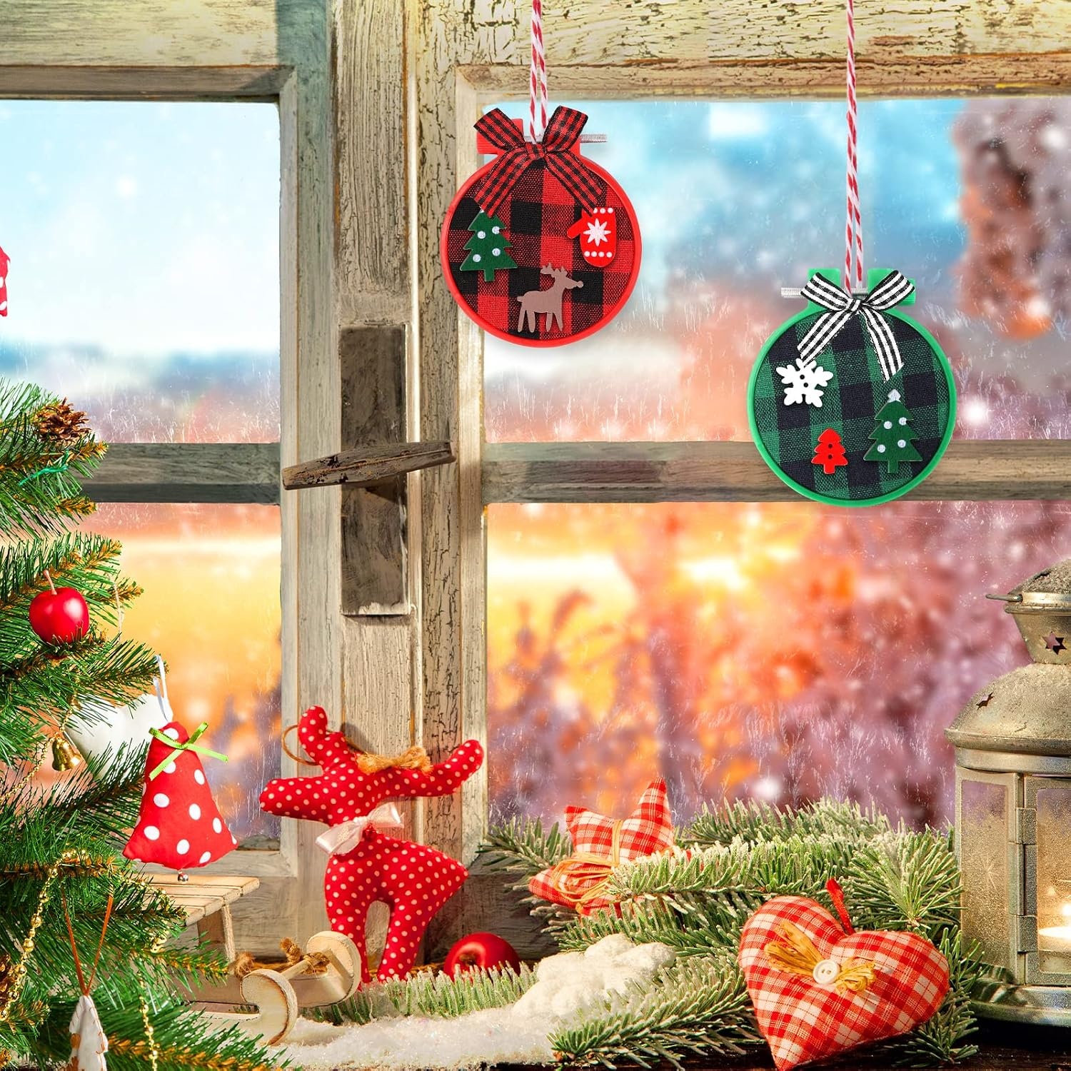 Caydo 88 Pieces Christmas Ornament Kit Includes 12 Pieces Christmas Embroidery Hoops, 12 Pieces Plaid Fabric, 10 m Cotton Rope for Christmas Ornament Decoration