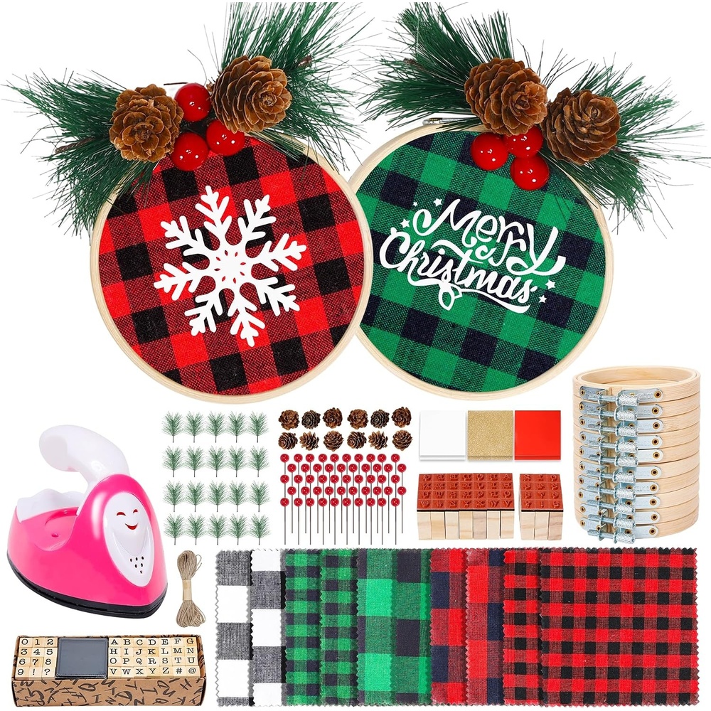 Caydo 12 Pieces Christmas Ornament Kit Including 3 Inch Embroidery Hoops and 5 Inch Squares Plaid Fabric for Christmas Decorations(111PCS)