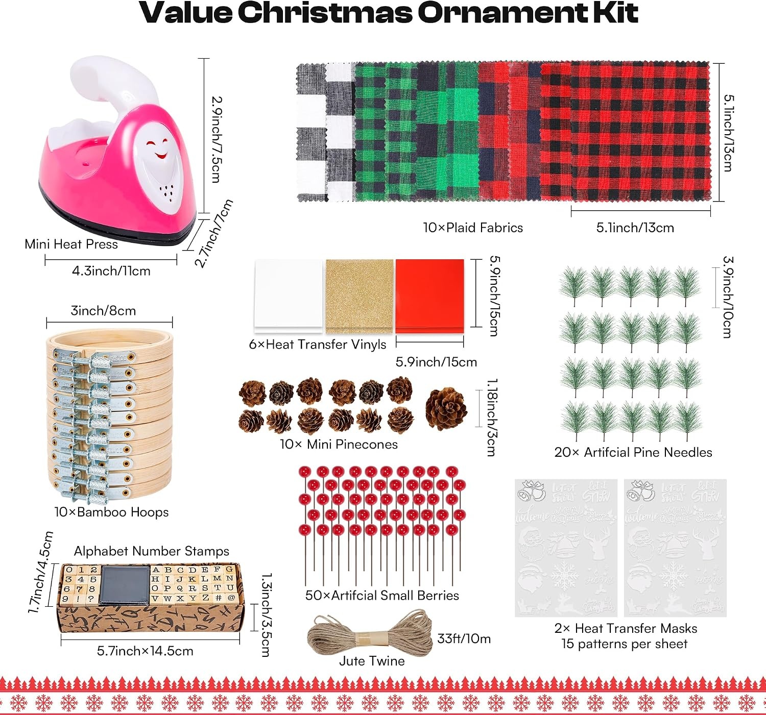 Caydo 12 Pieces Christmas Ornament Kit Including 3 Inch Embroidery Hoops and 5 Inch Squares Plaid Fabric for Christmas Decorations(111PCS)