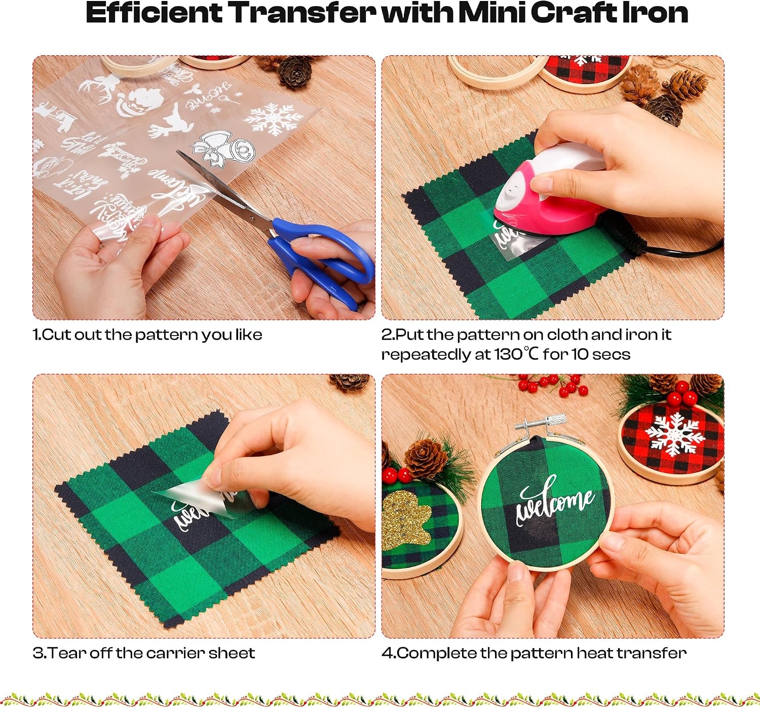 Caydo 12 Pieces Christmas Ornament Kit Including 3 Inch Embroidery Hoops and 5 Inch Squares Plaid Fabric for Christmas Decorations(111PCS)