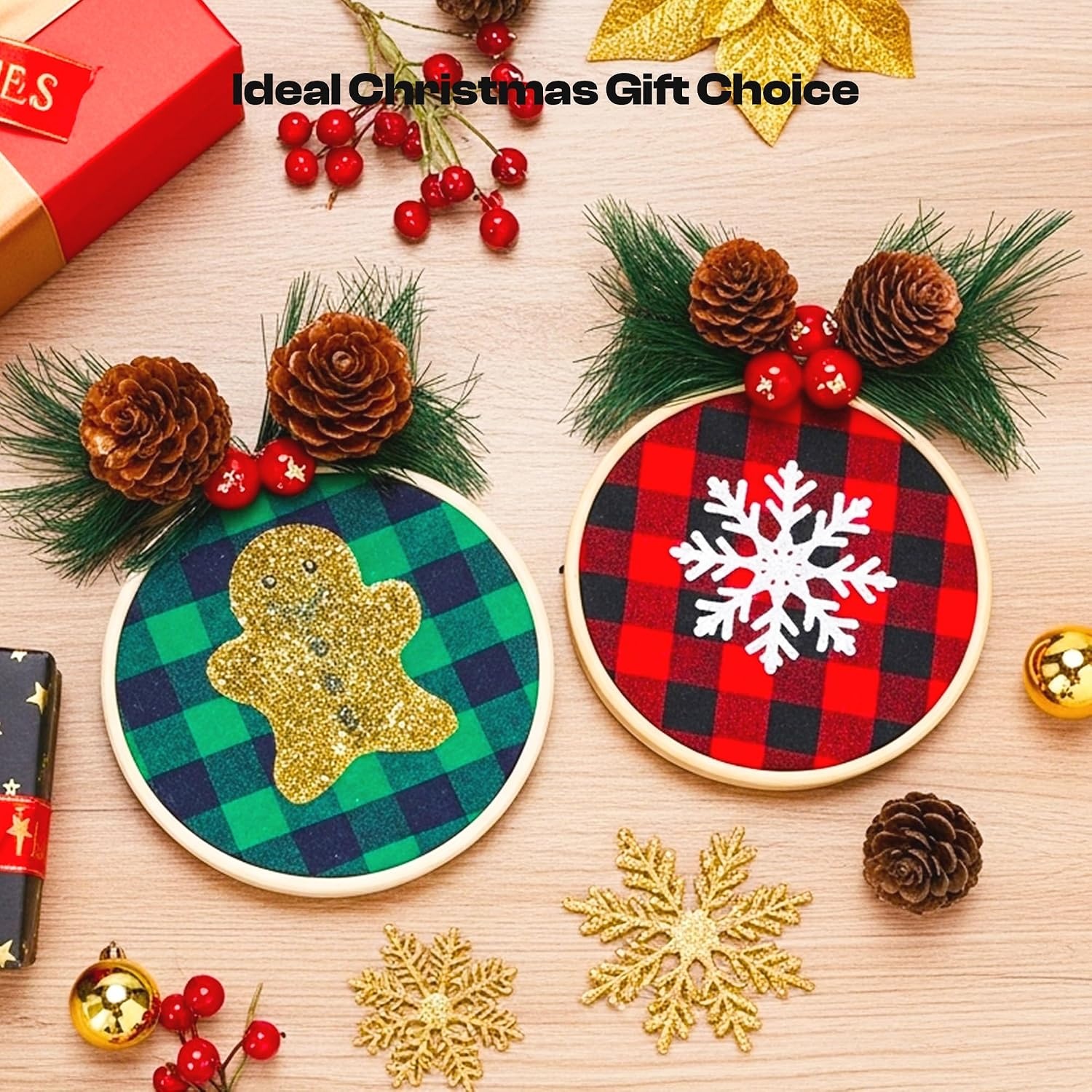 Caydo 12 Pieces Christmas Ornament Kit Including 3 Inch Embroidery Hoops and 5 Inch Squares Plaid Fabric for Christmas Decorations(111PCS)