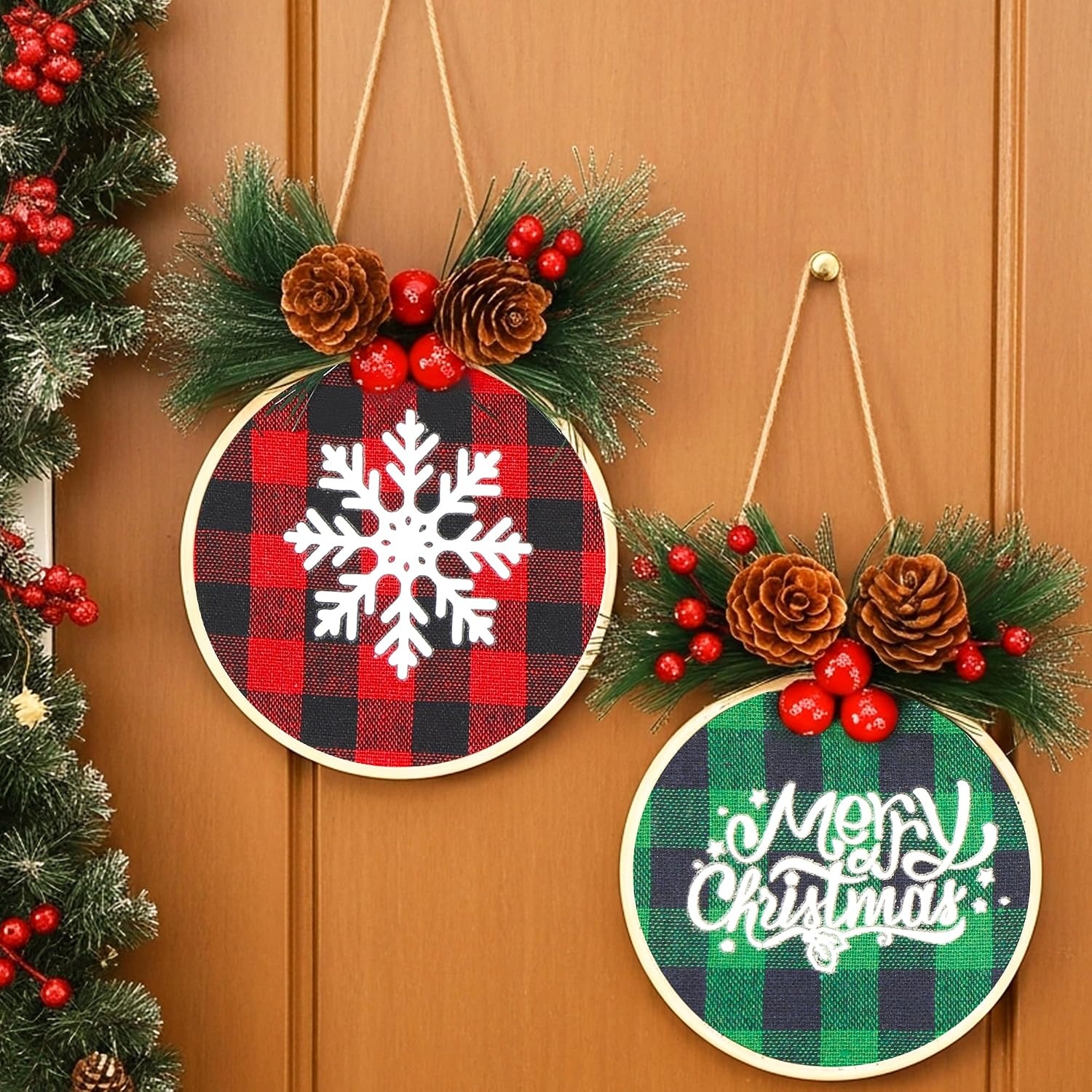 Caydo 12 Pieces Christmas Ornament Kit Including 3 Inch Embroidery Hoops and 5 Inch Squares Plaid Fabric for Christmas Decorations(111PCS)