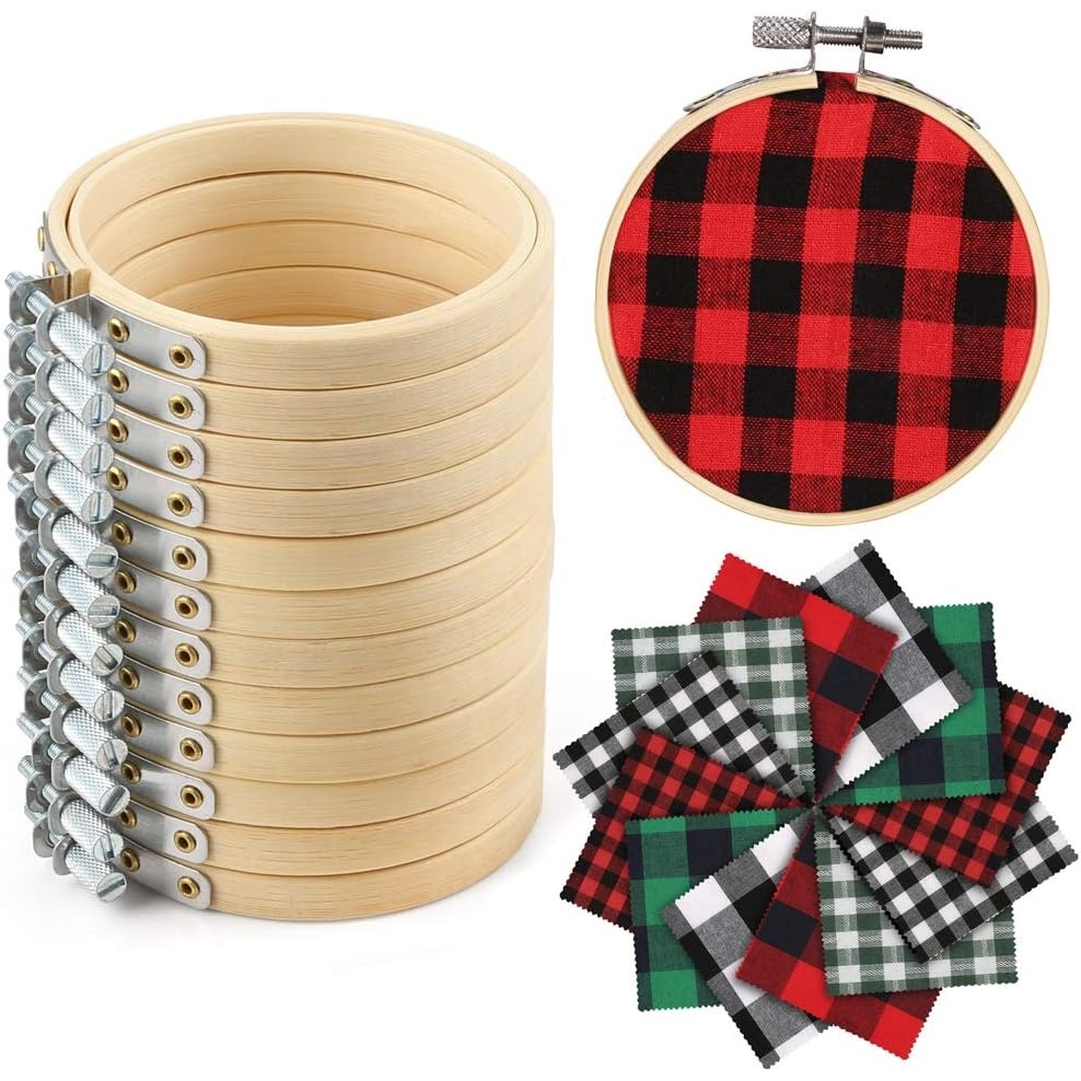 Caydo 12 Pieces Christmas Ornament Kit Including 3 Inch Embroidery Hoops and 5 Inch Squares Plaid Fabric for Christmas Decorations(24PCS)