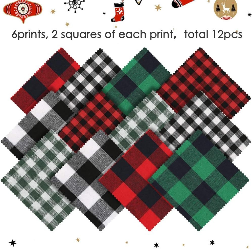 Caydo 12 Pieces Christmas Ornament Kit Including 3 Inch Embroidery Hoops and 5 Inch Squares Plaid Fabric for Christmas Decorations(24PCS)